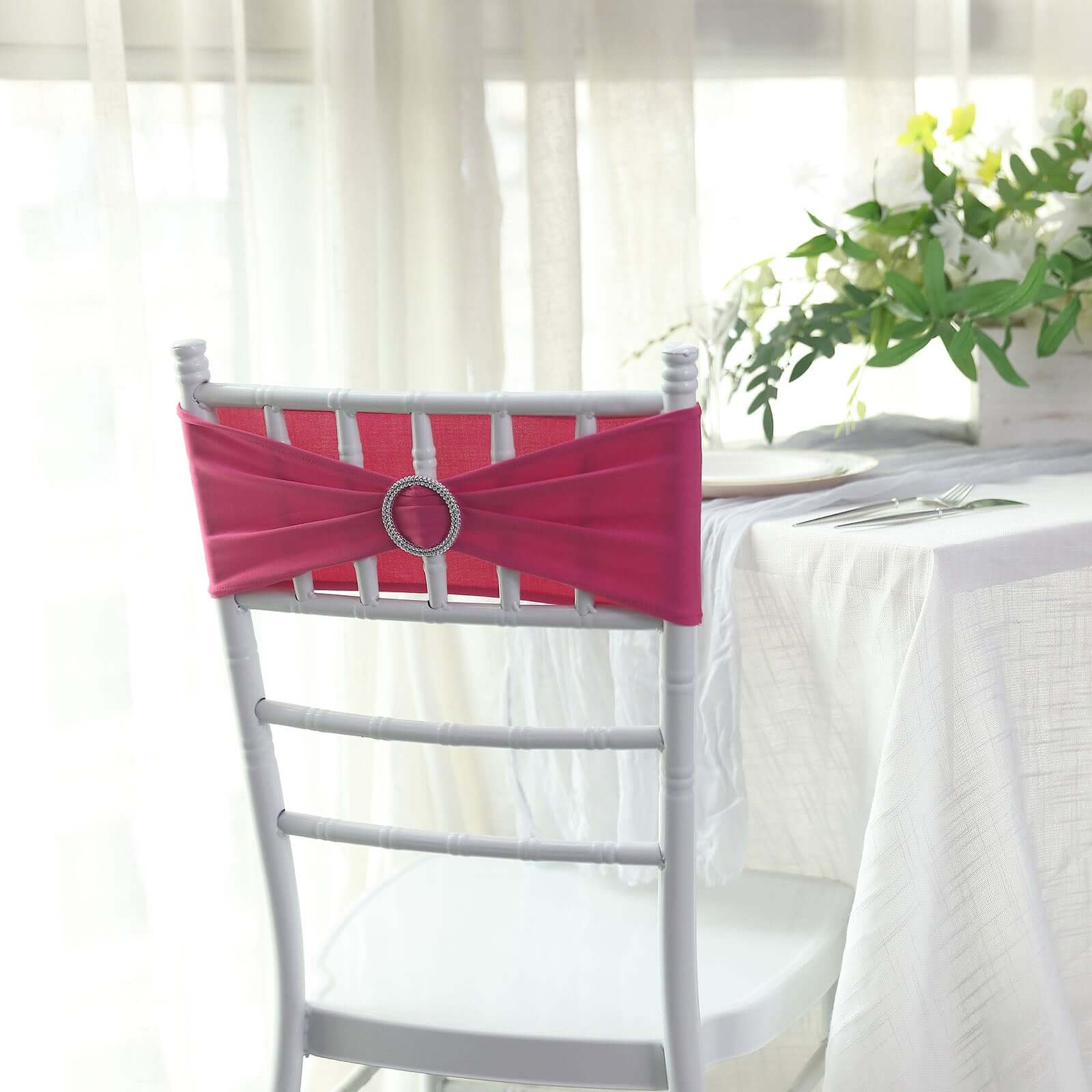 5 Pack Stretch Spandex Chair Sashes 5"x14" Fuchsia with Silver Diamond Ring Slide Buckle - Durable Fitted Chair Bands - Image 11