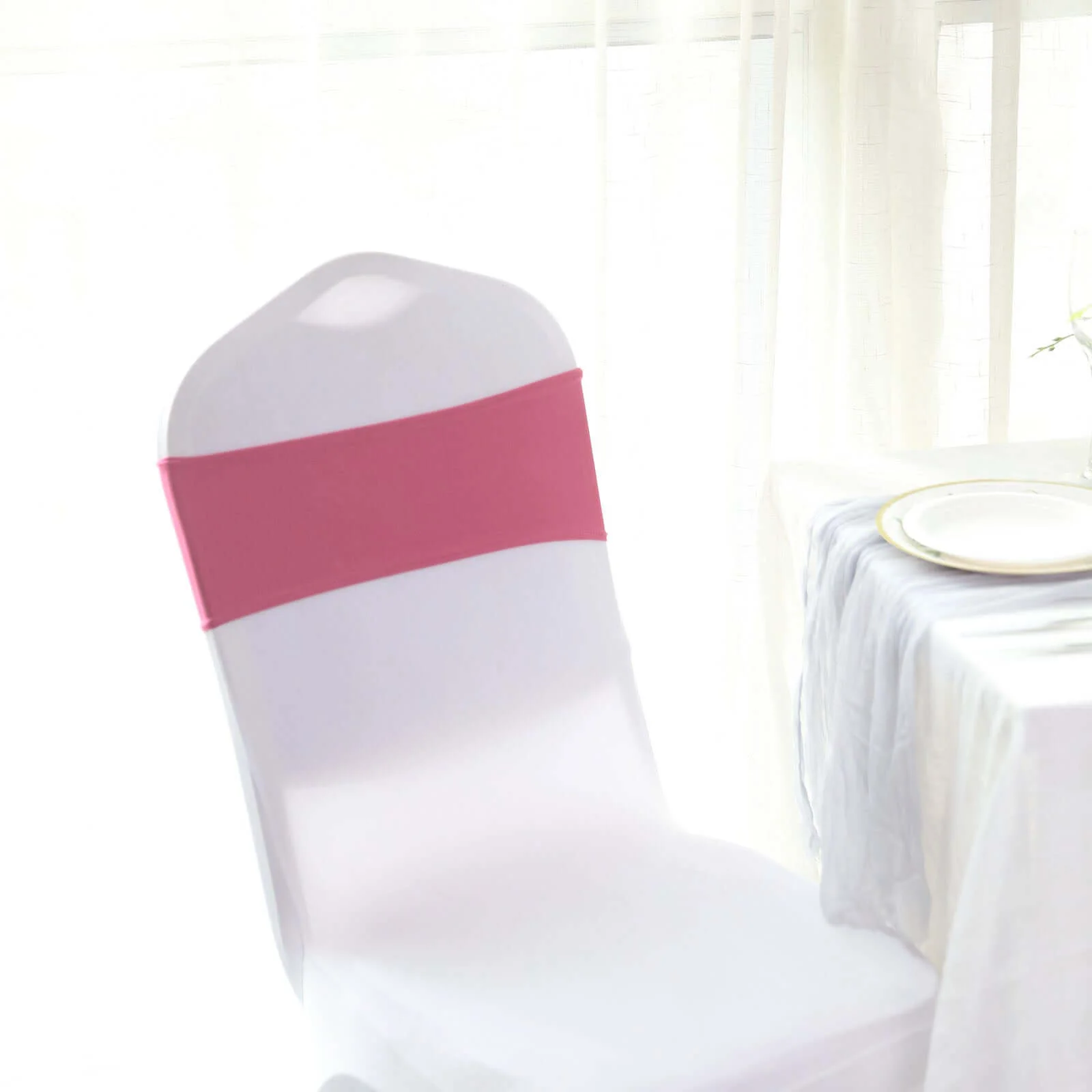 5 Pack Stretch Spandex Chair Sashes 5"x14" Fuchsia with Silver Diamond Ring Slide Buckle - Durable Fitted Chair Bands - Image 8