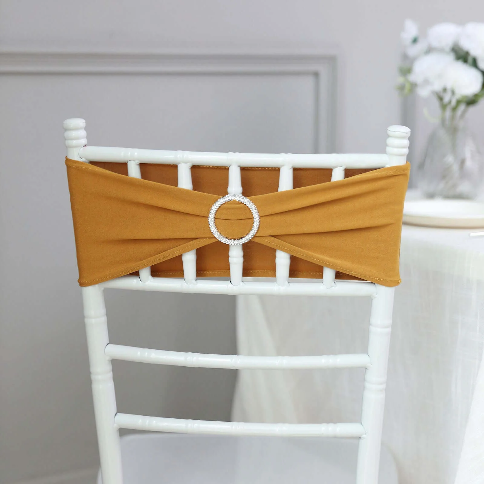 5 Pack Stretch Spandex Chair Sashes 5"x14" Gold with Silver Diamond Ring Slide Buckle - Luxe Durable Fitted Chair Bands for Weddings & Events