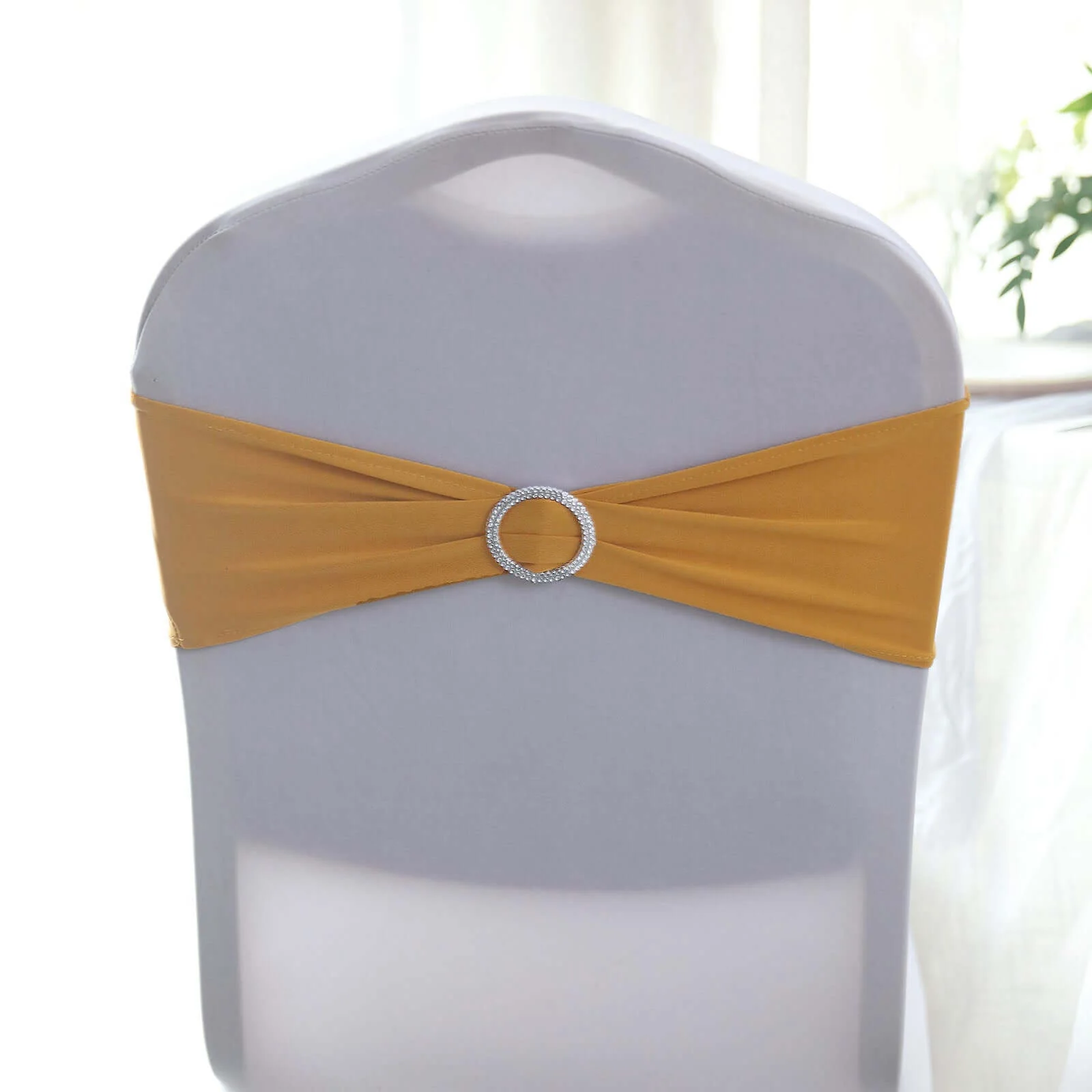 5 Pack Stretch Spandex Chair Sashes 5"x14" Gold with Silver Diamond Ring Slide Buckle - Luxe Durable Fitted Chair Bands for Weddings & Events - Image 6