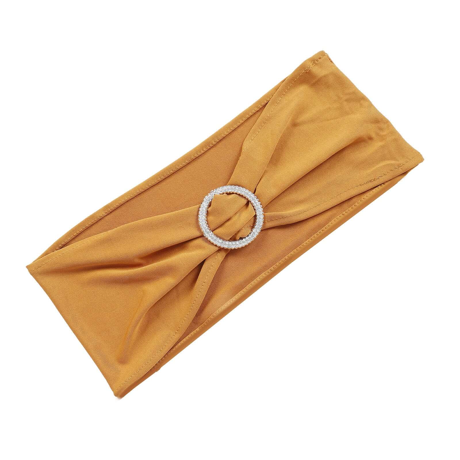 5 Pack Stretch Spandex Chair Sashes 5"x14" Gold with Silver Diamond Ring Slide Buckle - Luxe Durable Fitted Chair Bands for Weddings & Events - Image 7