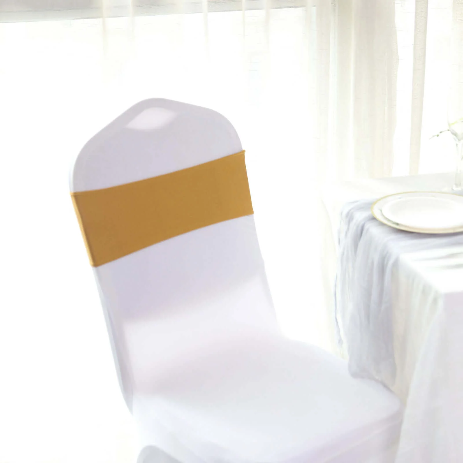 5 Pack Stretch Spandex Chair Sashes 5"x14" Gold with Silver Diamond Ring Slide Buckle - Luxe Durable Fitted Chair Bands for Weddings & Events - Image 8