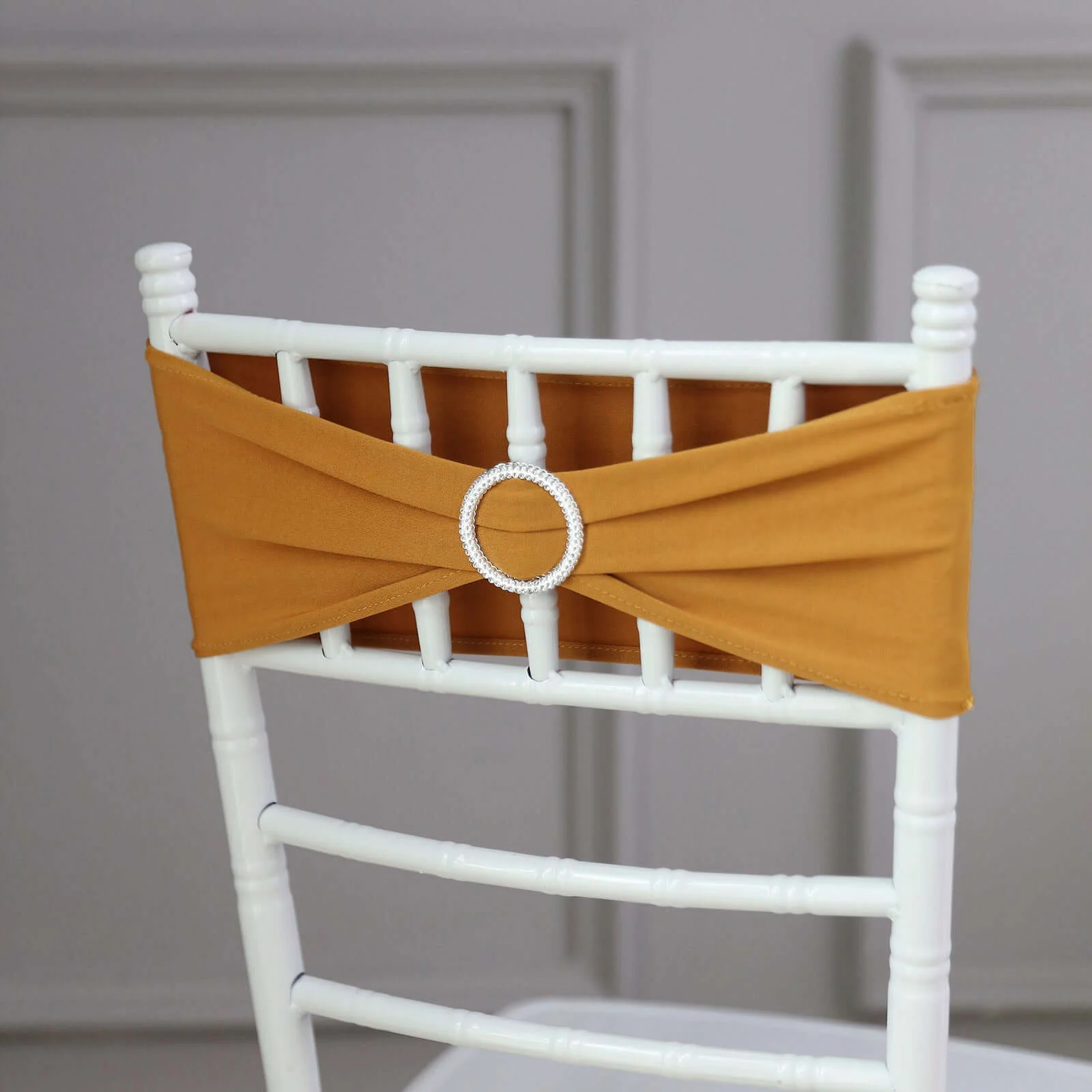 5 Pack Stretch Spandex Chair Sashes 5"x14" Gold with Silver Diamond Ring Slide Buckle - Luxe Durable Fitted Chair Bands for Weddings & Events - Image 9