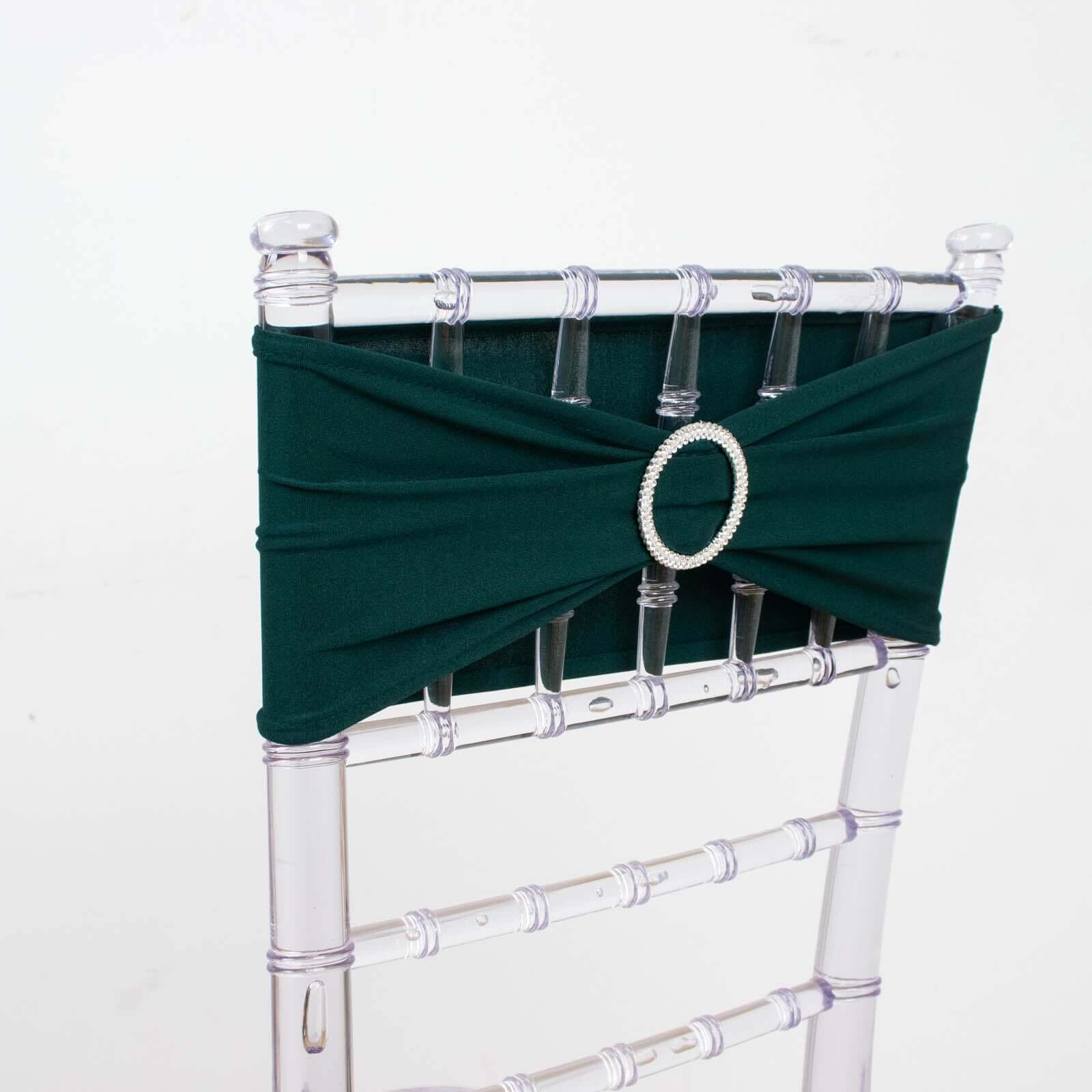 5 Pack Stretch Spandex Chair Sashes 5"x14" Hunter Emerald Green with Silver Diamond Ring Slide Buckle - Durable Fitted Chair Bands - Image 12