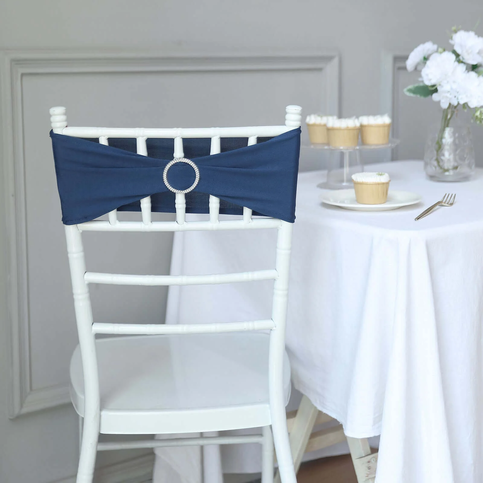 5 Pack Stretch Spandex Chair Sashes 5"x14" Navy Blue with Silver Diamond Ring Slide Buckle - Durable Fitted Chair Bands - Image 12