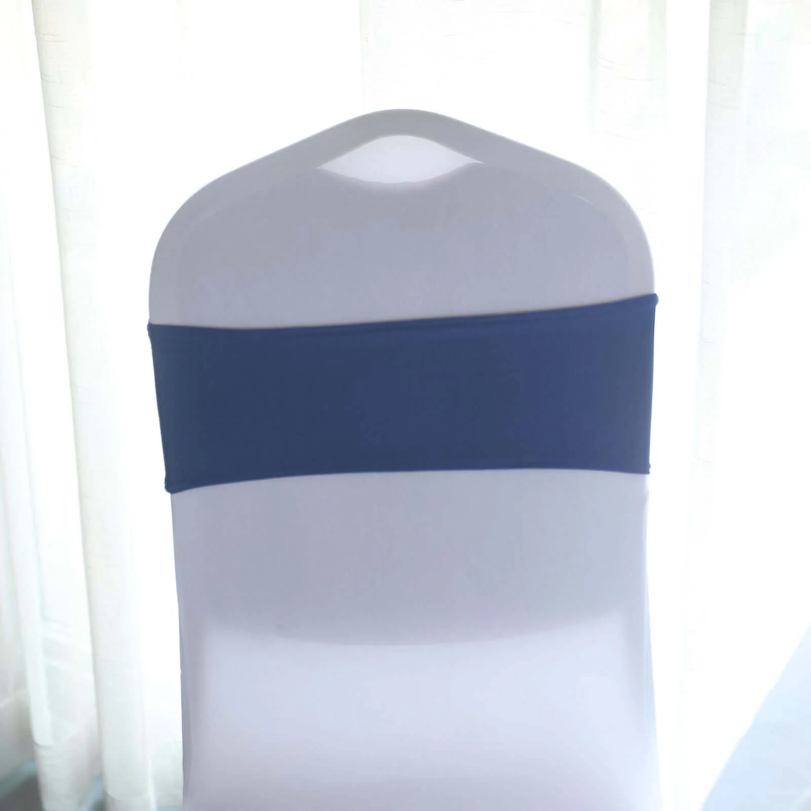 5 Pack Stretch Spandex Chair Sashes 5"x14" Navy Blue with Silver Diamond Ring Slide Buckle - Durable Fitted Chair Bands - Image 5