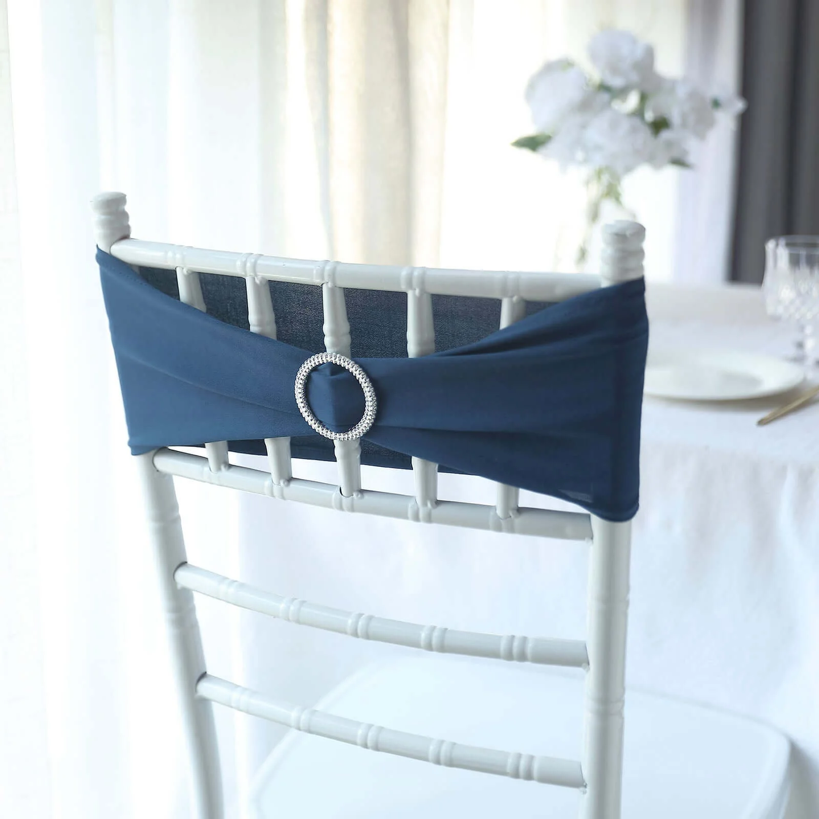 5 Pack Stretch Spandex Chair Sashes 5"x14" Navy Blue with Silver Diamond Ring Slide Buckle - Durable Fitted Chair Bands - Image 9