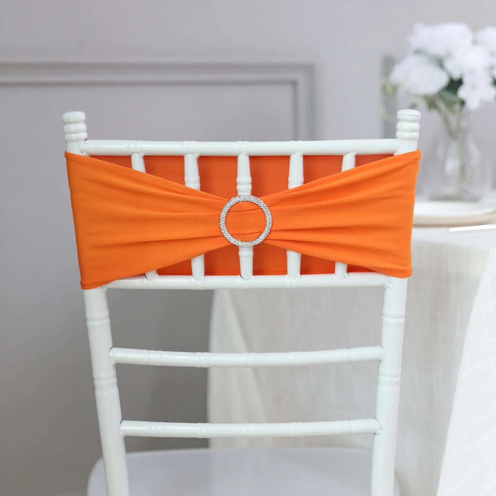 5 Pack Stretch Spandex Chair Sashes 5"x14" Orange with Silver Diamond Ring Slide Buckle - Durable Fitted Chair Bands