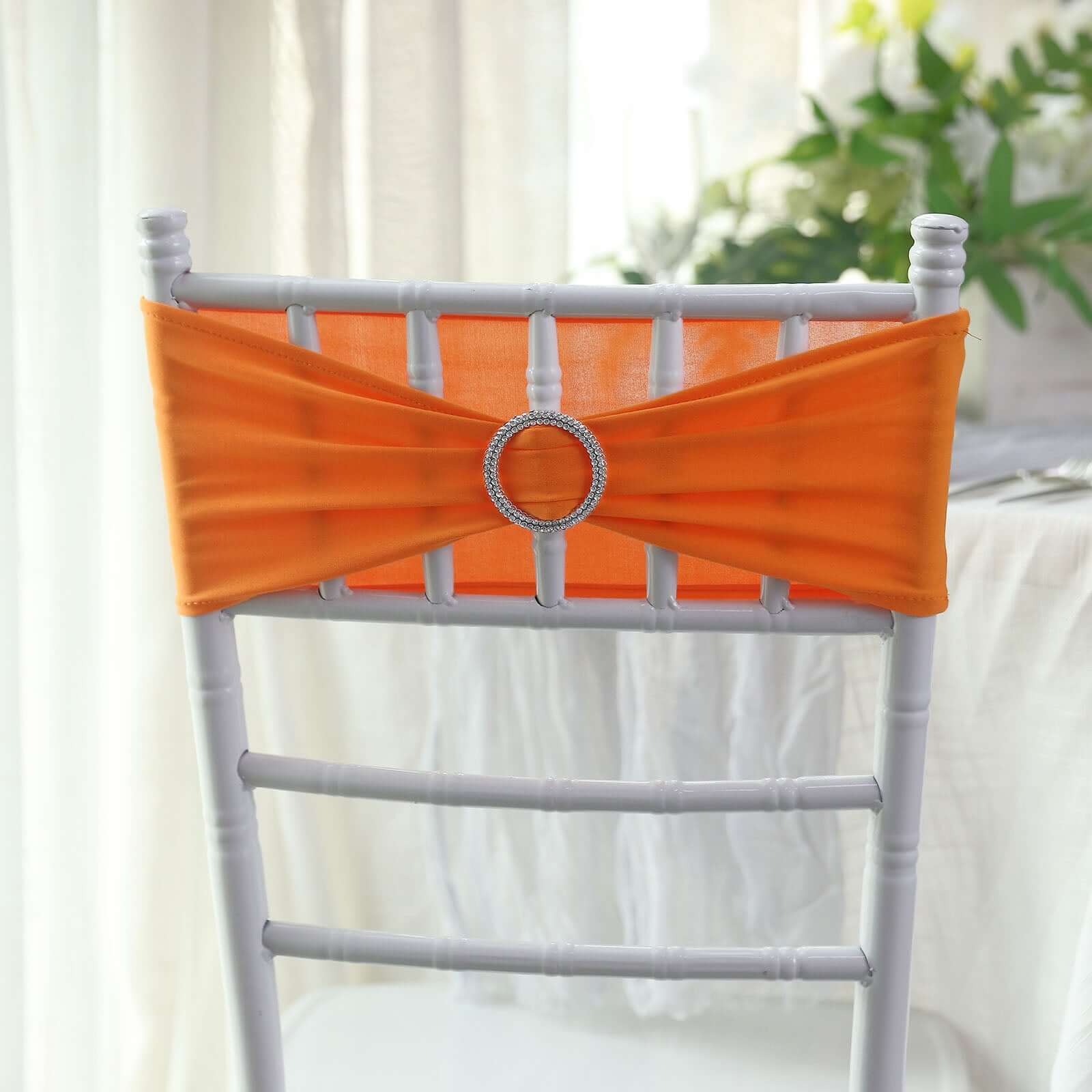 5 Pack Stretch Spandex Chair Sashes 5"x14" Orange with Silver Diamond Ring Slide Buckle - Durable Fitted Chair Bands - Image 10