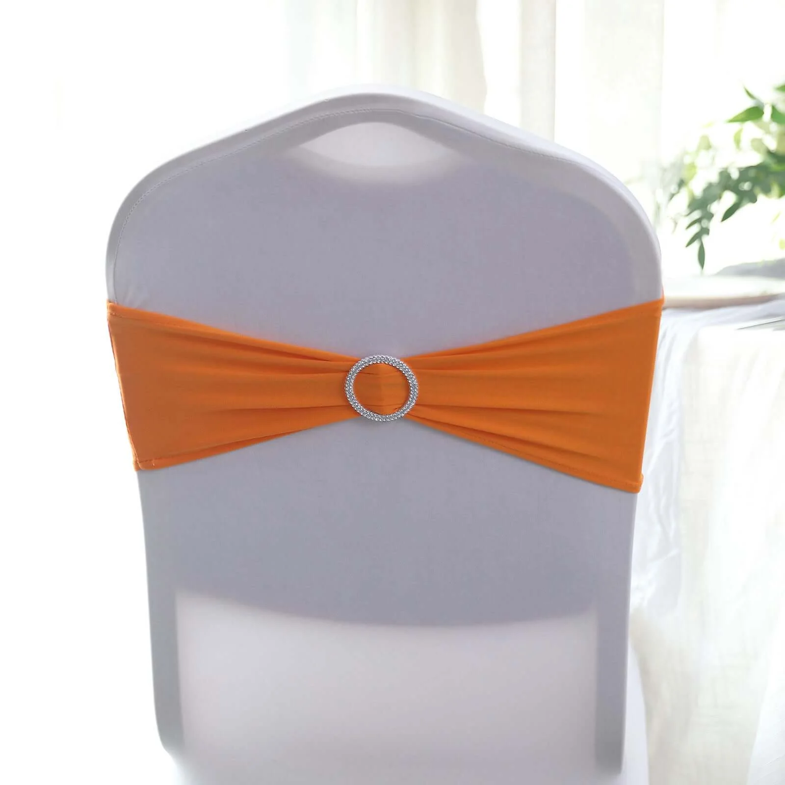5 Pack Stretch Spandex Chair Sashes 5"x14" Orange with Silver Diamond Ring Slide Buckle - Durable Fitted Chair Bands - Image 6