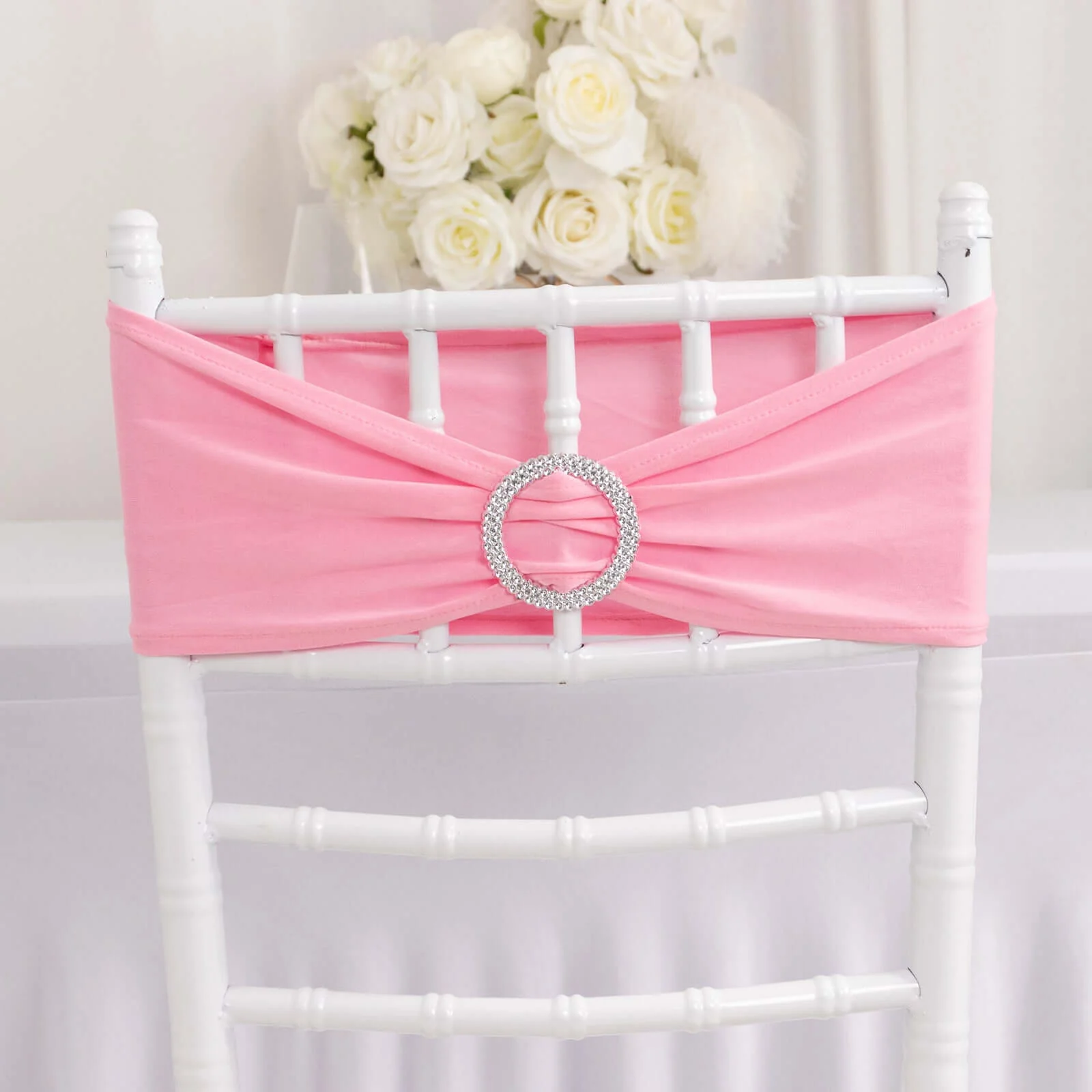 5 Pack Stretch Spandex Chair Sashes 5"x14" Pink with Silver Diamond Ring Slide Buckle - Durable Fitted Chair Bands