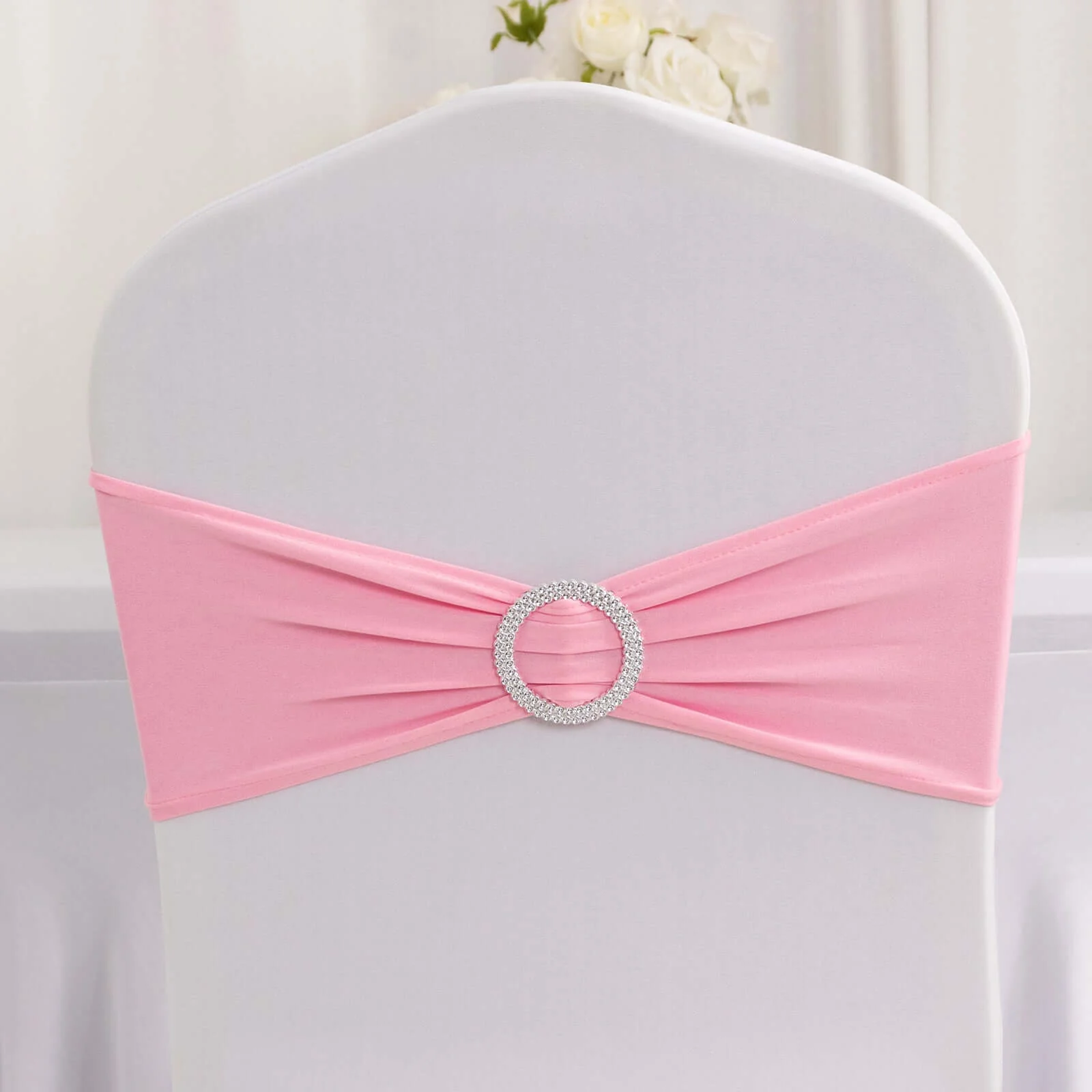 5 Pack Stretch Spandex Chair Sashes 5"x14" Pink with Silver Diamond Ring Slide Buckle - Durable Fitted Chair Bands - Image 6
