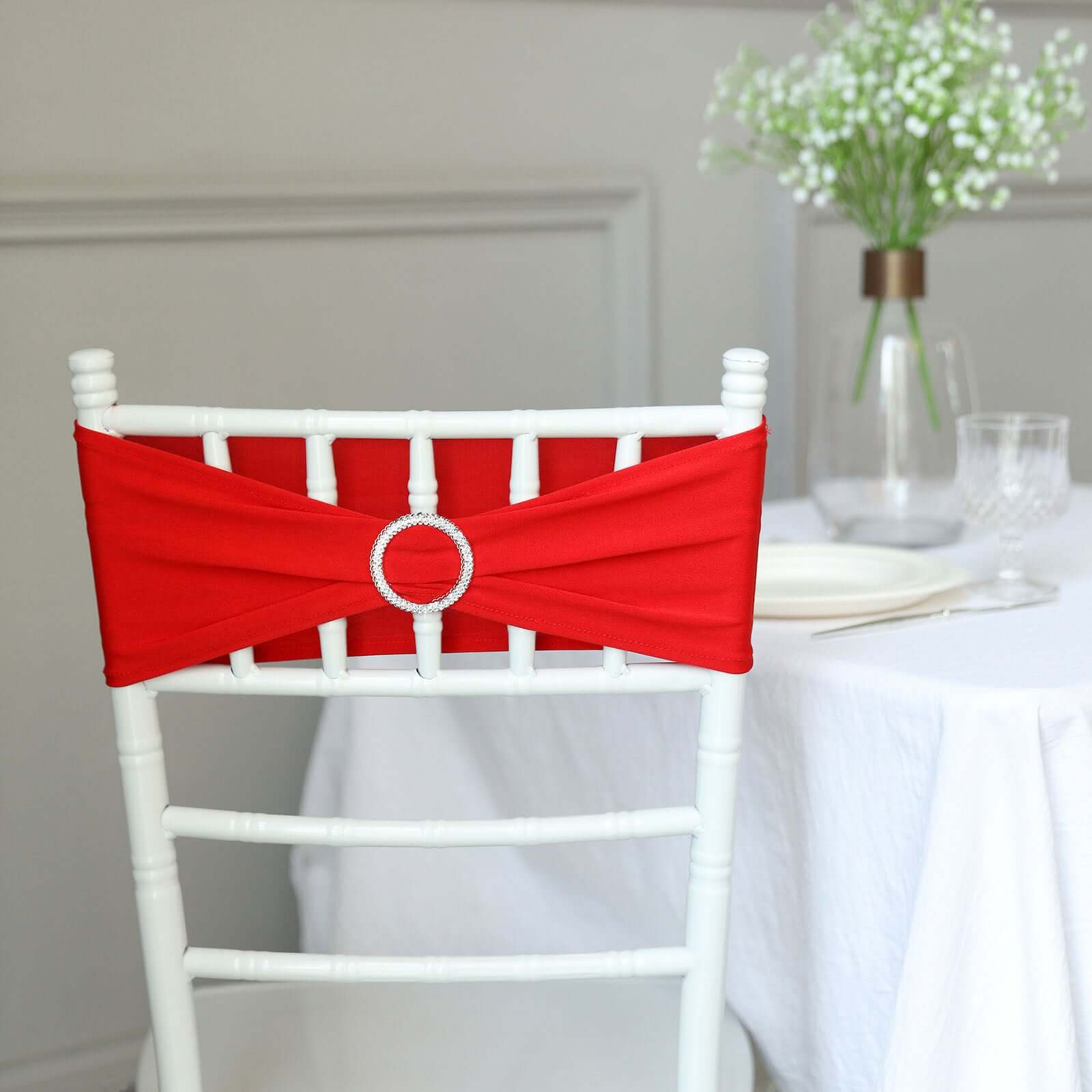 5 Pack Stretch Spandex Chair Sashes 5"x14" Red with Silver Diamond Ring Slide Buckle - Durable Fitted Chair Bands