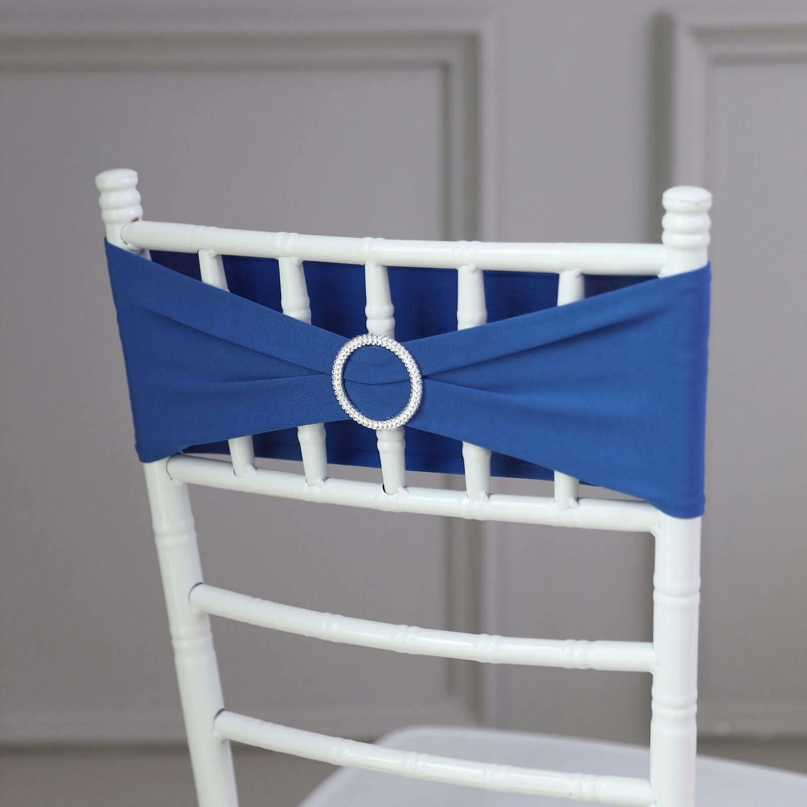 5 Pack Stretch Spandex Chair Sashes 5"x14" Royal Blue with Silver Diamond Ring Slide Buckle - Durable Fitted Chair Bands - Image 8