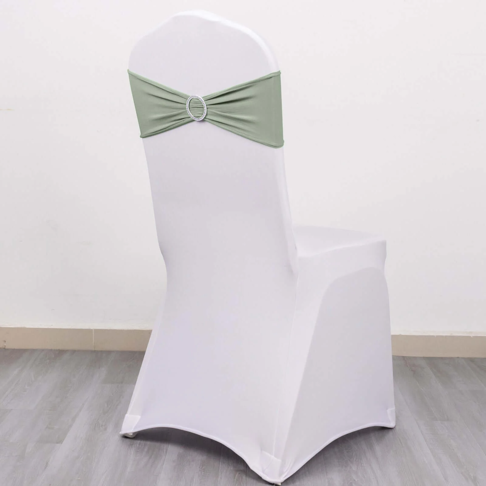 5 Pack Stretch Spandex Chair Sashes 5"x14" Sage Green with Silver Diamond Ring Slide Buckle - Durable Fitted Chair Bands - Image 10