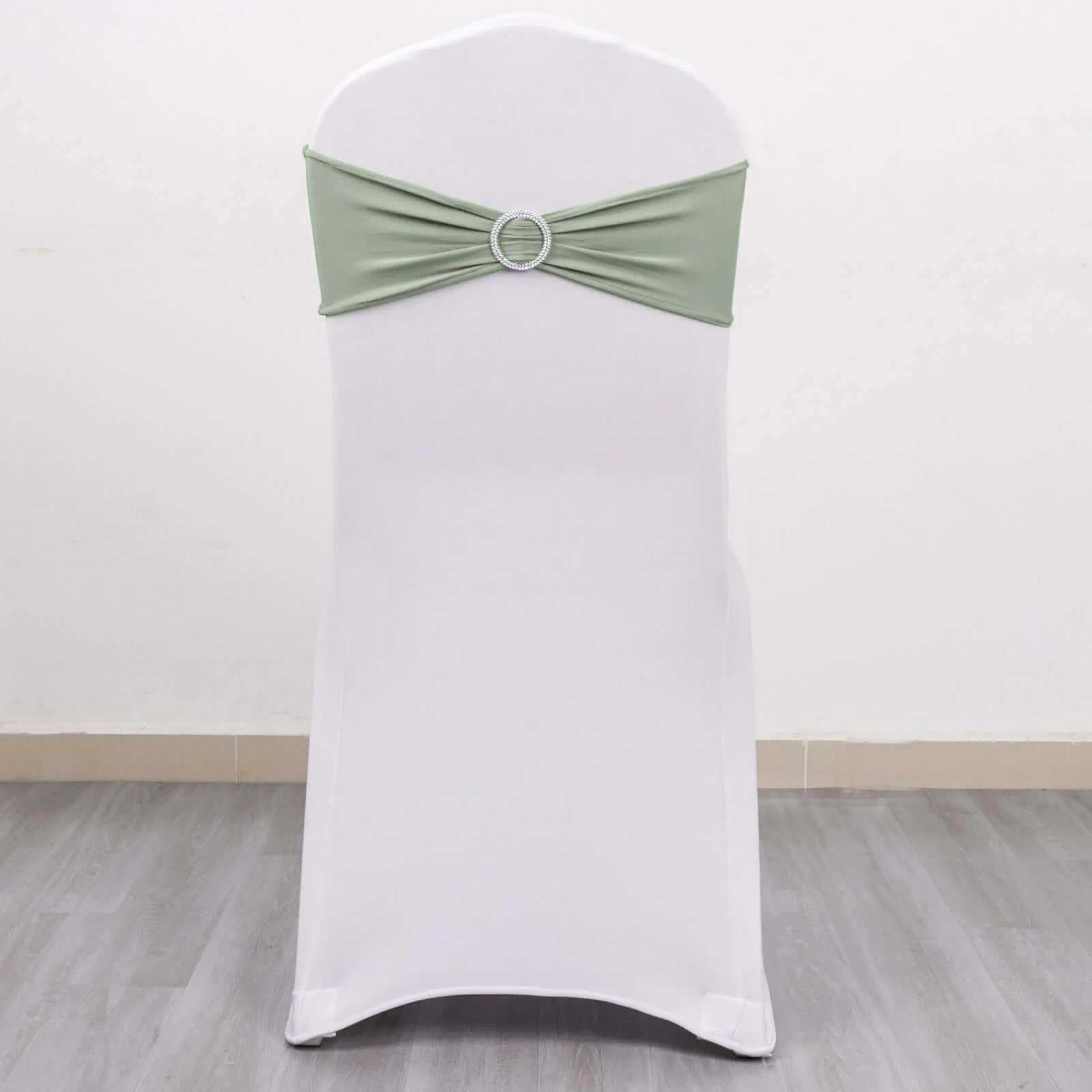 5 Pack Stretch Spandex Chair Sashes 5"x14" Sage Green with Silver Diamond Ring Slide Buckle - Durable Fitted Chair Bands - Image 2