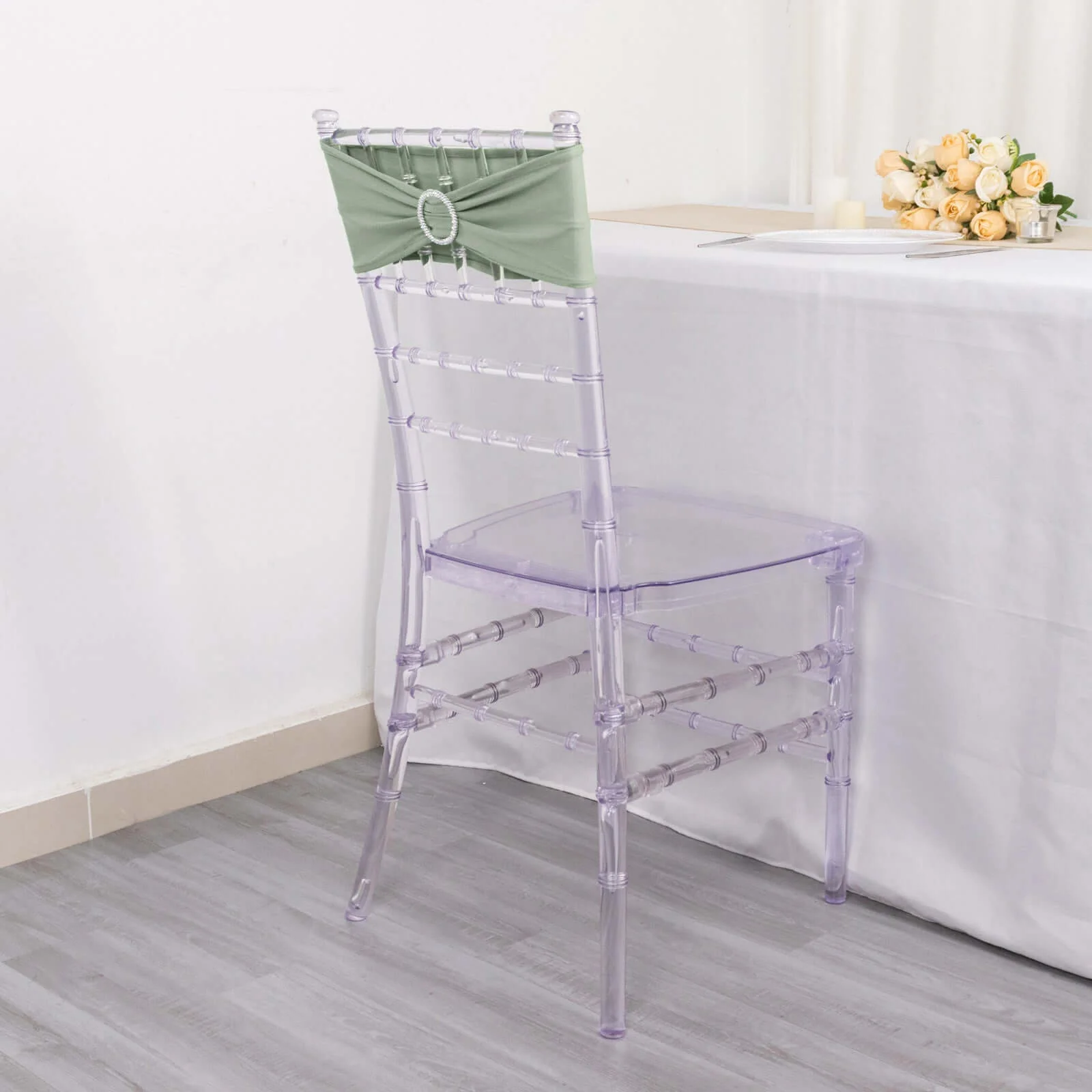5 Pack Stretch Spandex Chair Sashes 5"x14" Sage Green with Silver Diamond Ring Slide Buckle - Durable Fitted Chair Bands - Image 8