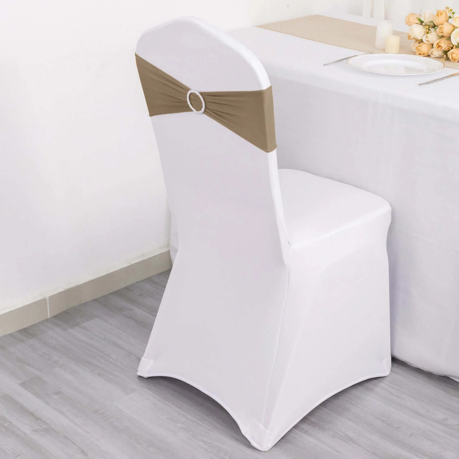5 Pack Stretch Spandex Chair Sashes 5"x14" Taupe with Silver Diamond Ring Slide Buckle - Durable Fitted Chair Bands - Image 2