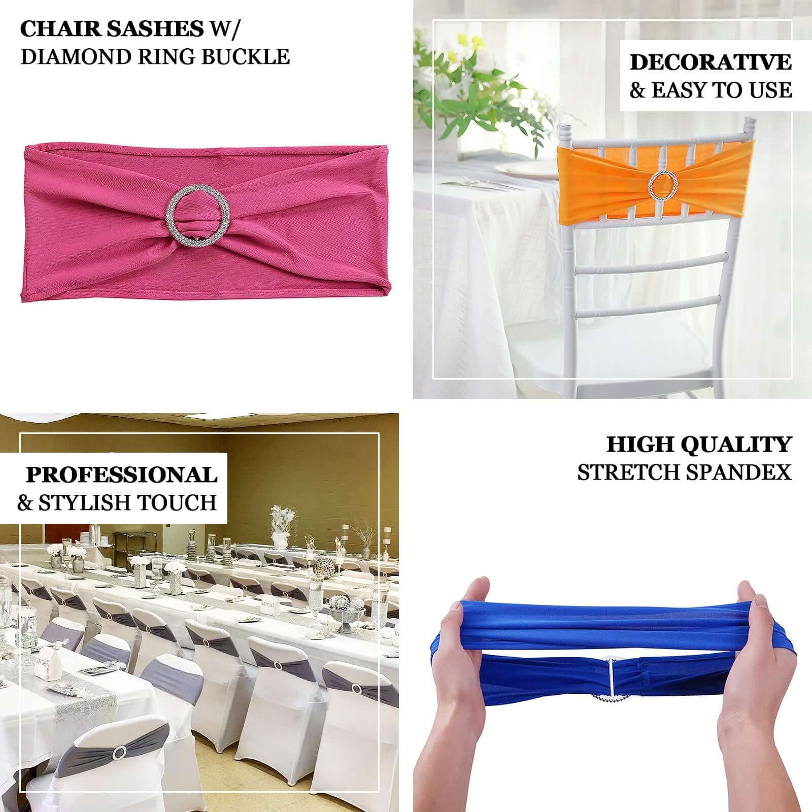 5 Pack Stretch Spandex Chair Sashes 5"x14" Taupe with Silver Diamond Ring Slide Buckle - Durable Fitted Chair Bands - Image 4