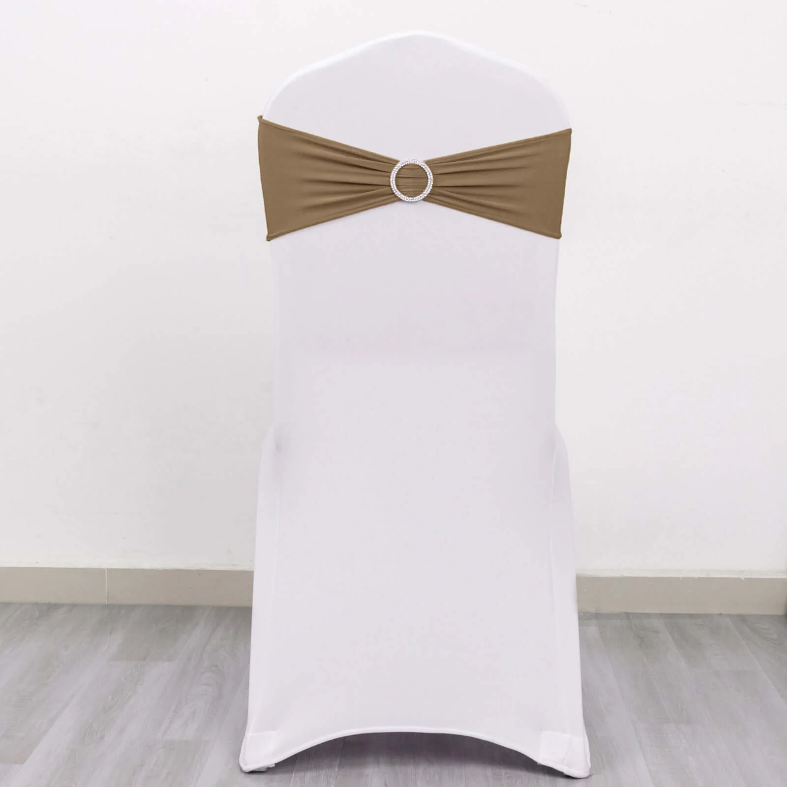 5 Pack Stretch Spandex Chair Sashes 5"x14" Taupe with Silver Diamond Ring Slide Buckle - Durable Fitted Chair Bands - Image 9