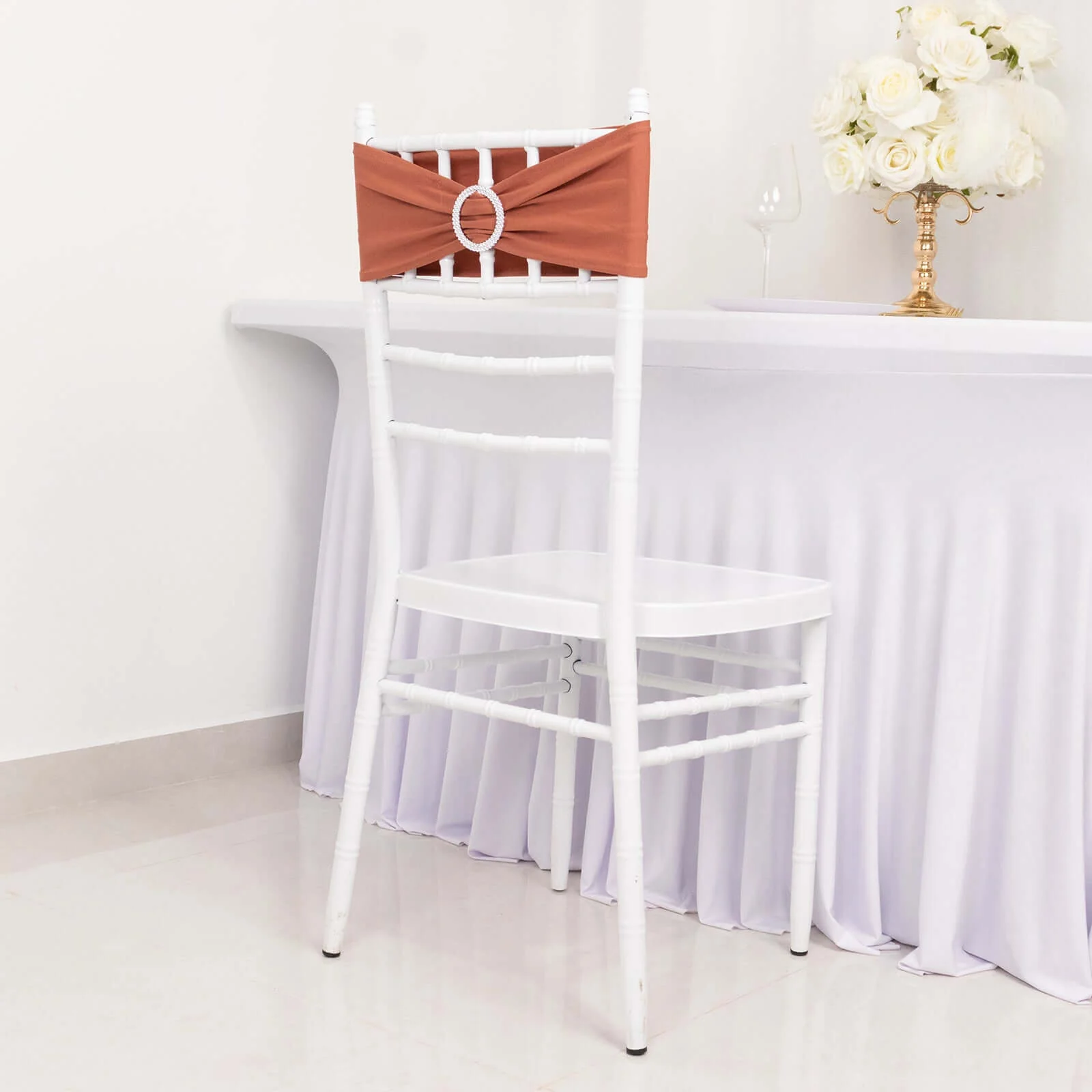 5 Pack Stretch Spandex Chair Sashes 5"x14" Terracotta (Rust) with Silver Diamond Ring Slide Buckle - Durable Fitted Chair Bands - Image 2