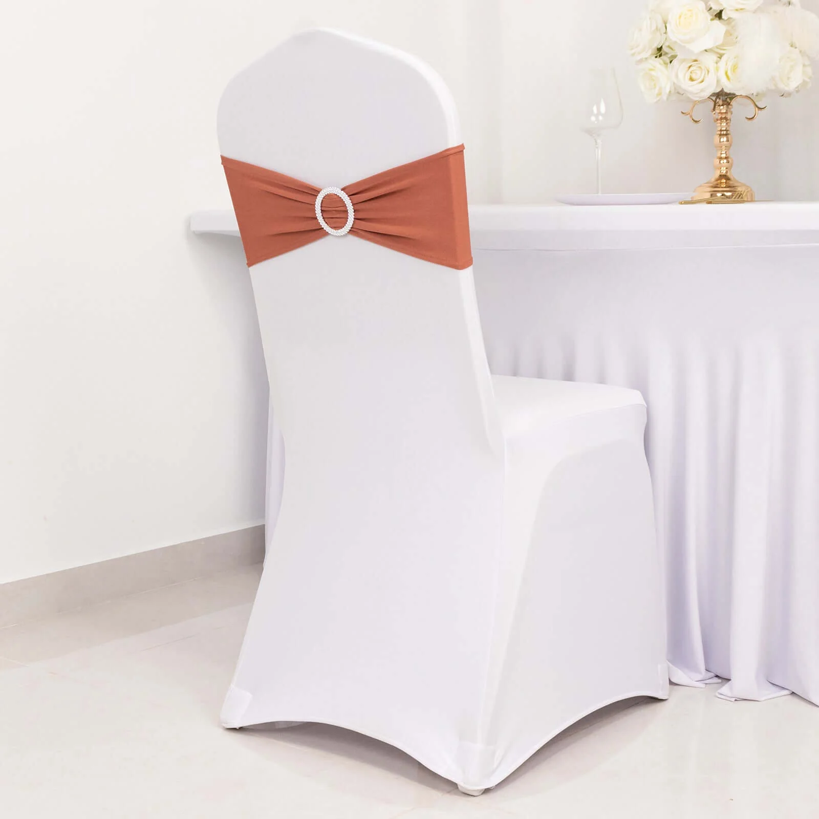 5 Pack Stretch Spandex Chair Sashes 5"x14" Terracotta (Rust) with Silver Diamond Ring Slide Buckle - Durable Fitted Chair Bands - Image 8