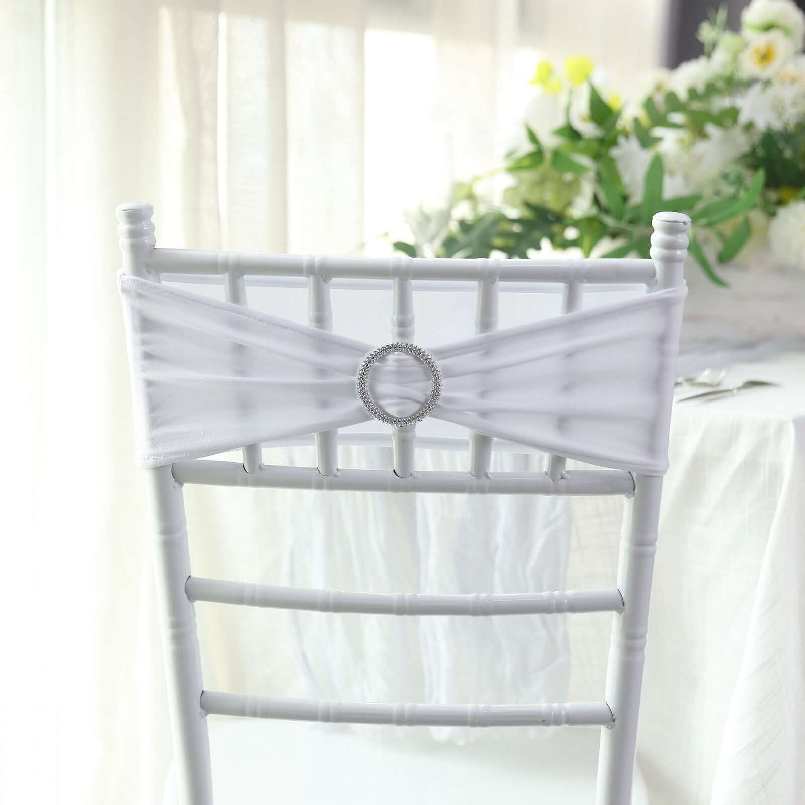5 Pack Stretch Spandex Chair Sashes 5"x14" White with Silver Diamond Ring Slide Buckle - Luxe Durable Fitted Chair Bands for Weddings & Events - Image 10