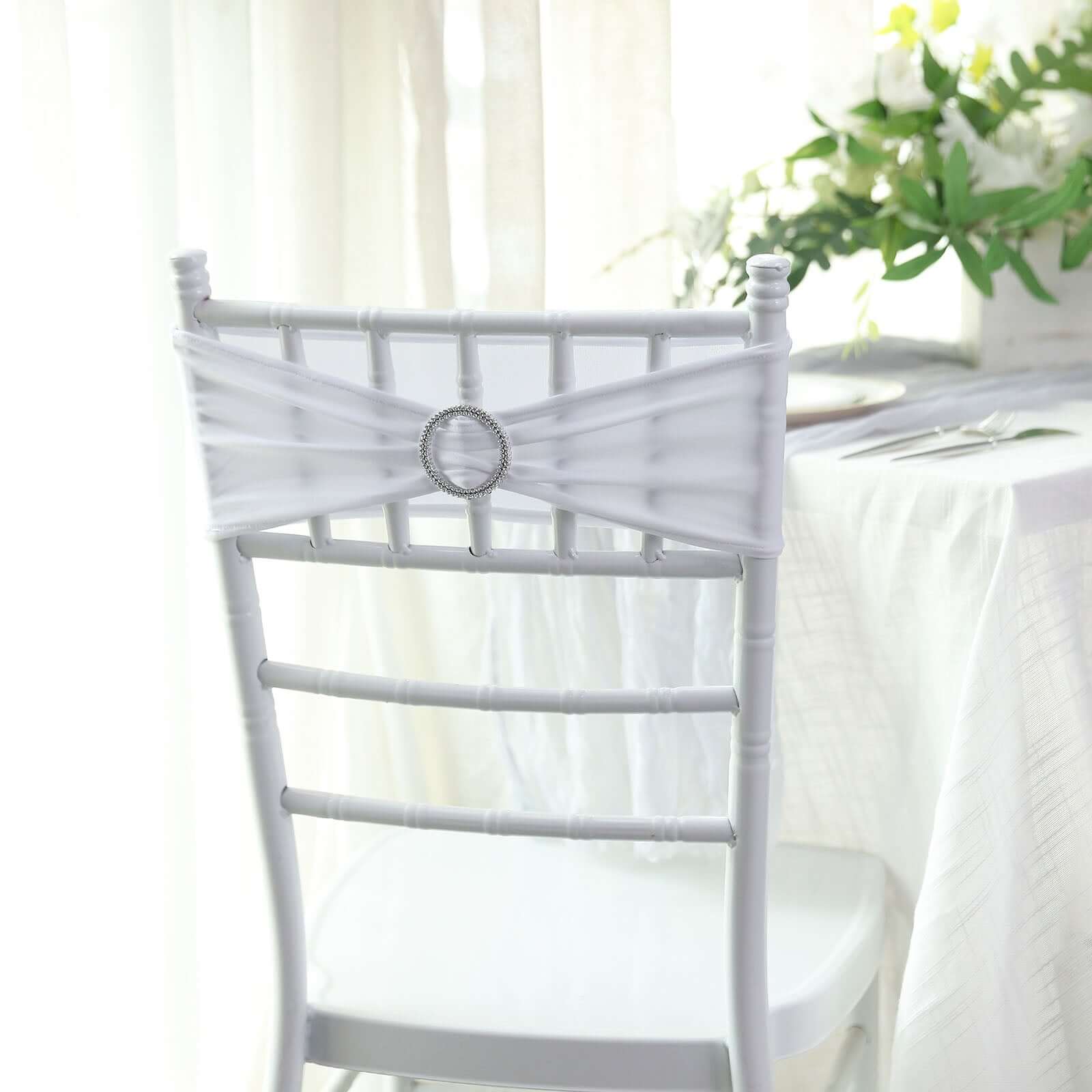 5 Pack Stretch Spandex Chair Sashes 5"x14" White with Silver Diamond Ring Slide Buckle - Luxe Durable Fitted Chair Bands for Weddings & Events - Image 11