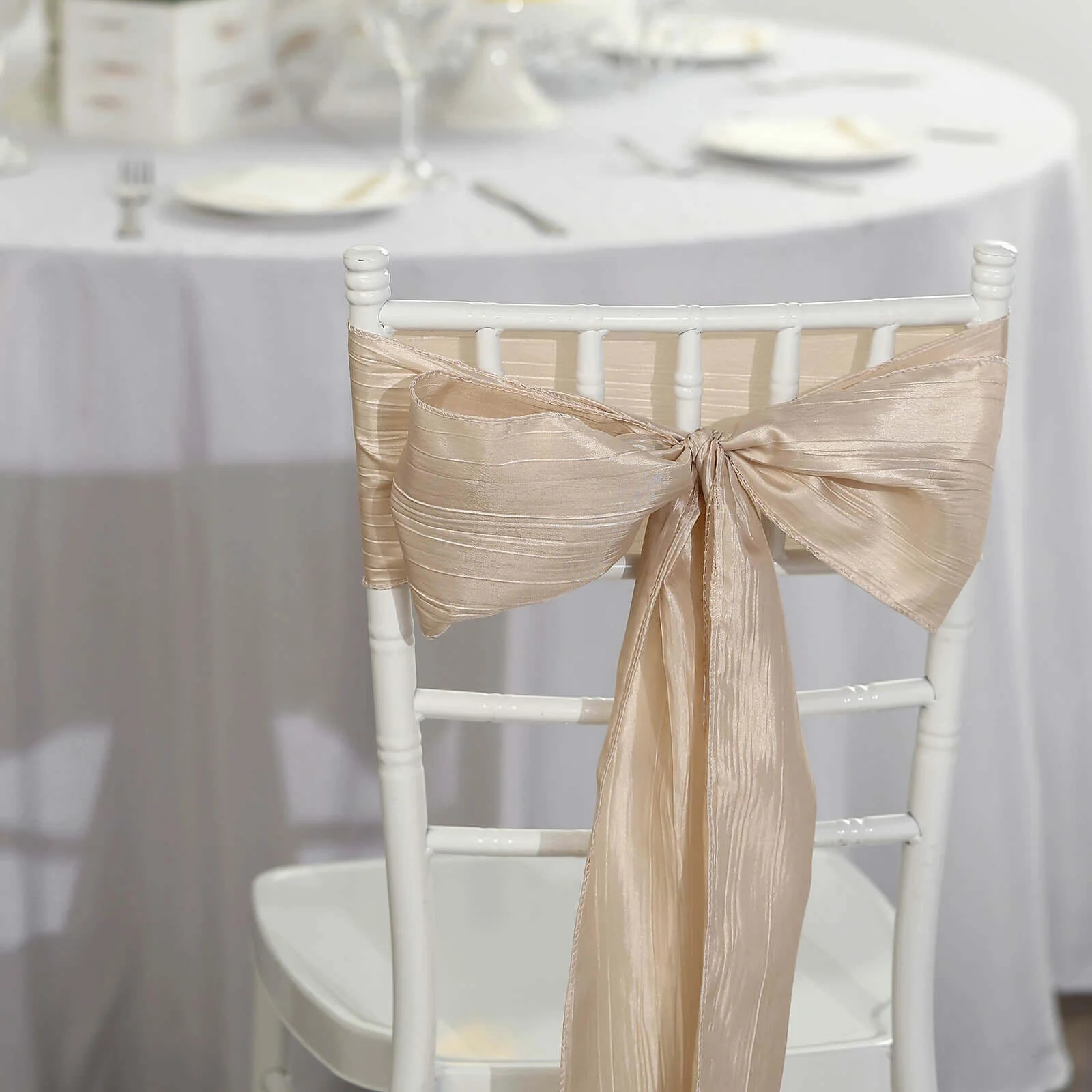5 Pack Taffeta Chair Sashes 6"x106" Beige Accordion Crinkle - Sophisticated Decorative Design