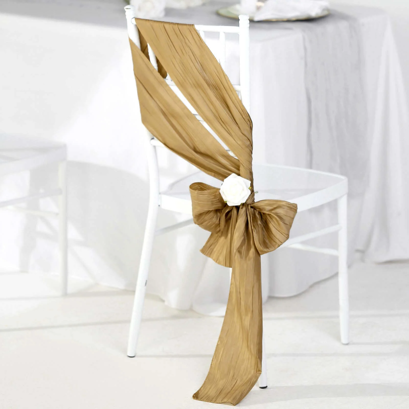 5 Pack Taffeta Chair Sashes 6"x106" Gold Accordion Crinkle - Sophisticated Decorative Design - Image 2