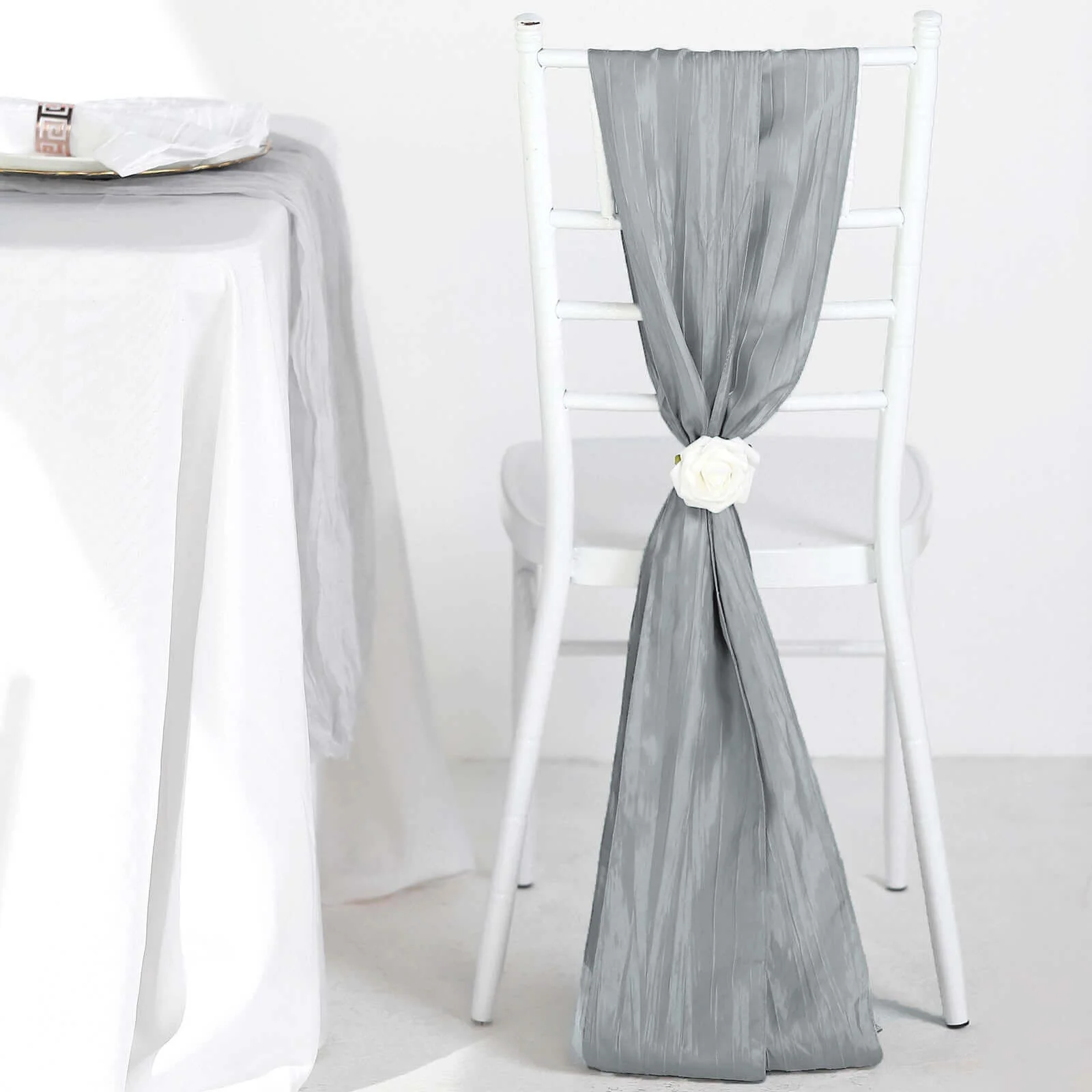 5 Pack Taffeta Chair Sashes 6"x106" Silver Accordion Crinkle - Sophisticated Decorative Design