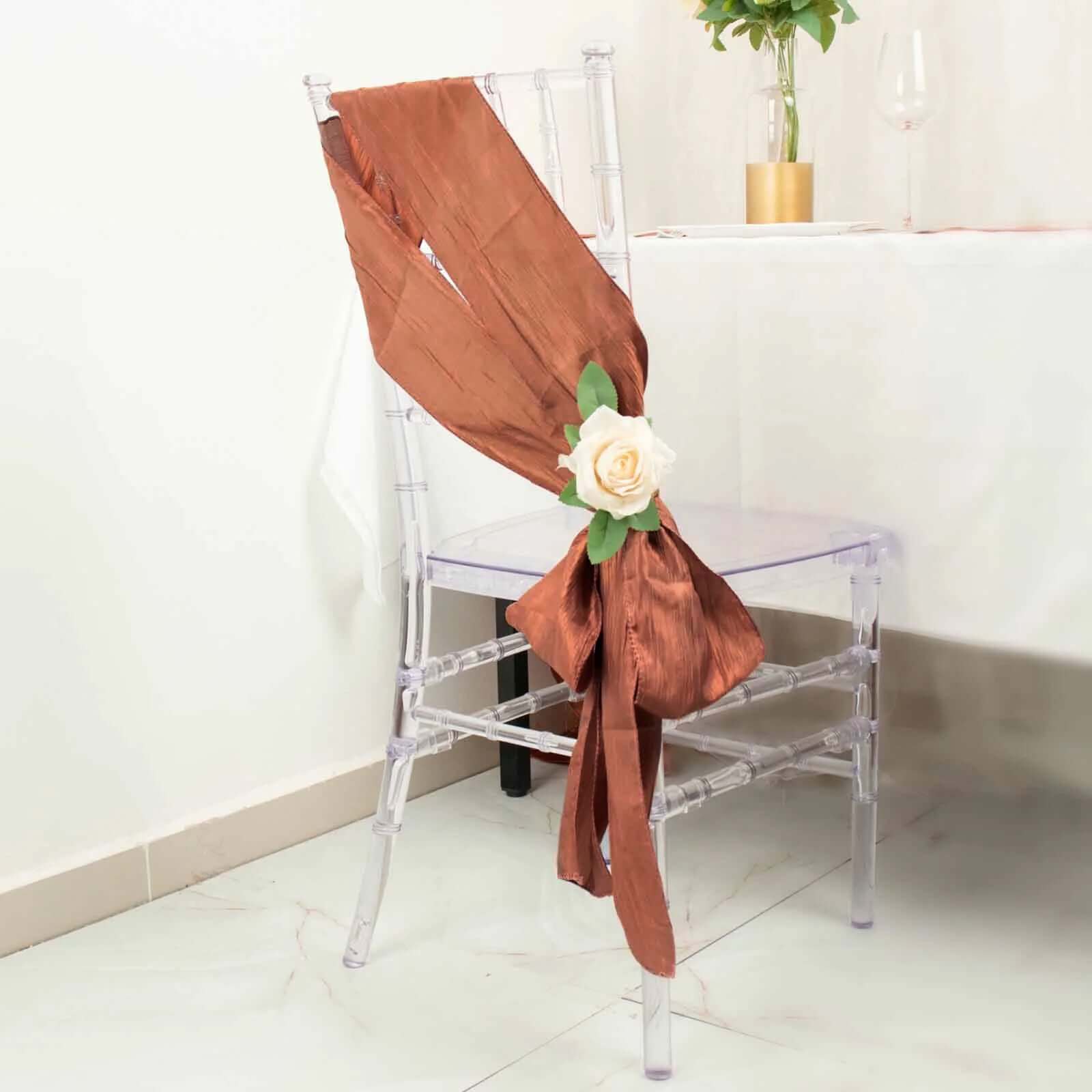 5 Pack Taffeta Chair Sashes 6"x106" Terracotta (Rust) Accordion Crinkle - Sophisticated Decorative Design - Image 2