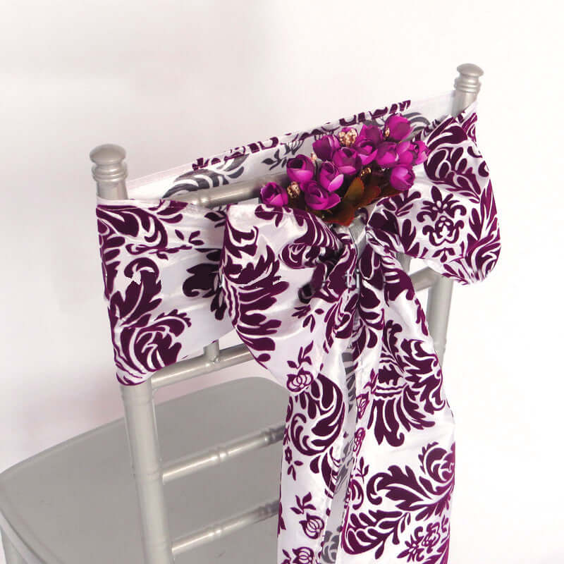5 Pack Taffeta Damask Chair Sashes 6"x108" White with Eggplant Flocking Design - Image 3