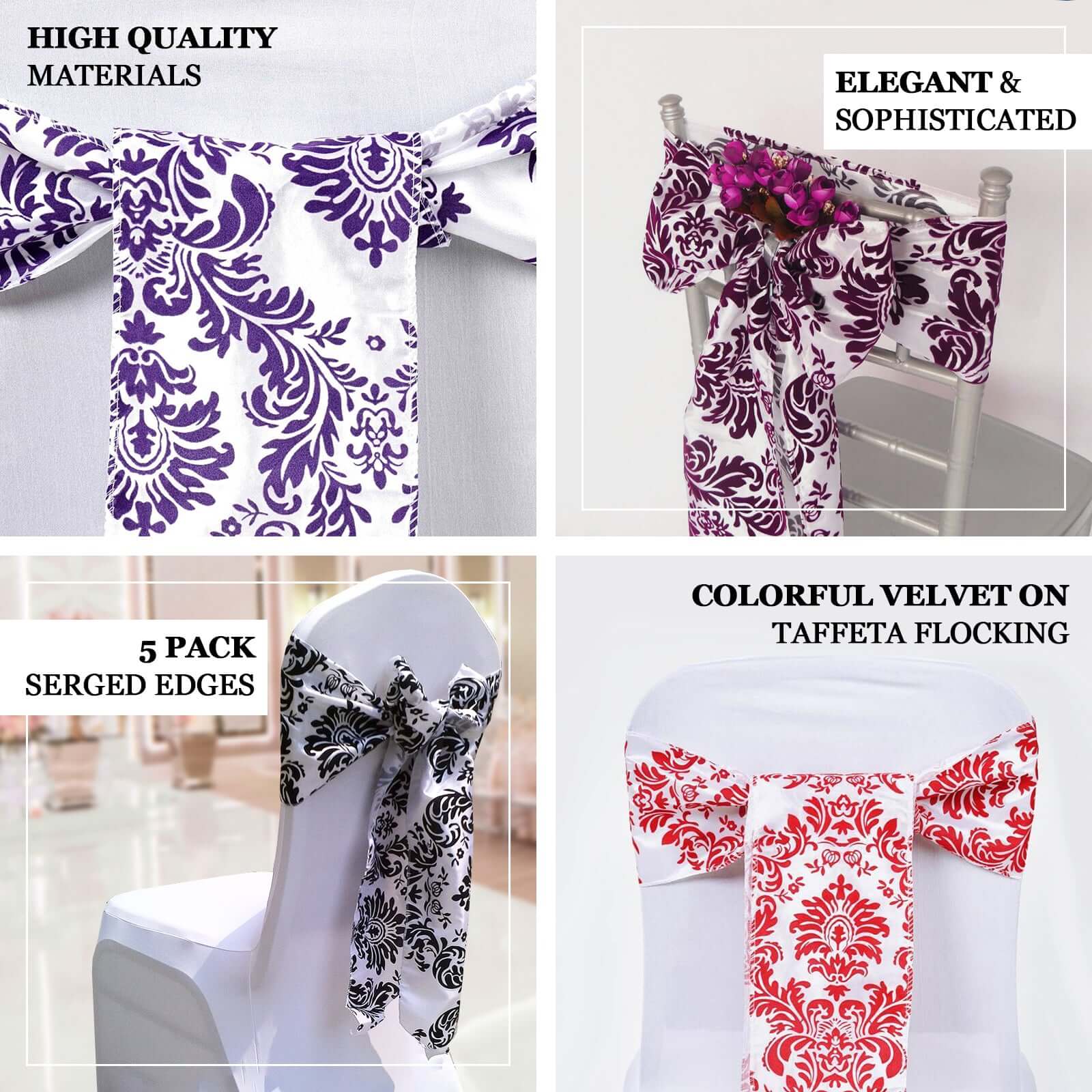 5 Pack Taffeta Damask Chair Sashes 6"x108" White with Eggplant Flocking Design - Image 5