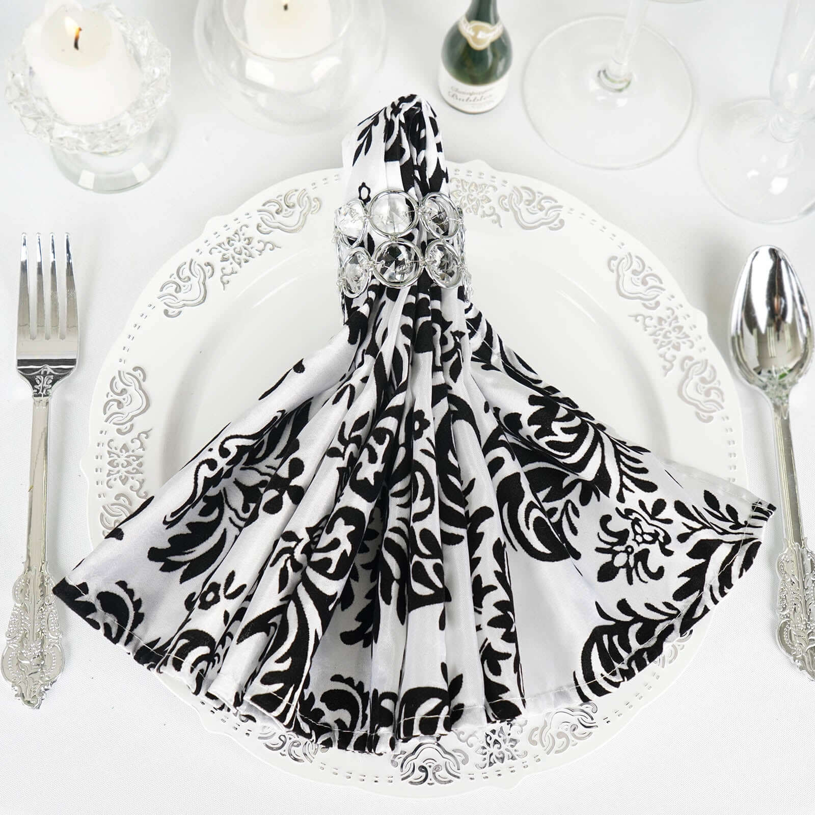 5 Pack Taffeta Napkins 20"x20" Black/White - Damask Flocking Design, Luxurious Reusable Cloth Napkins for Events - Image 2