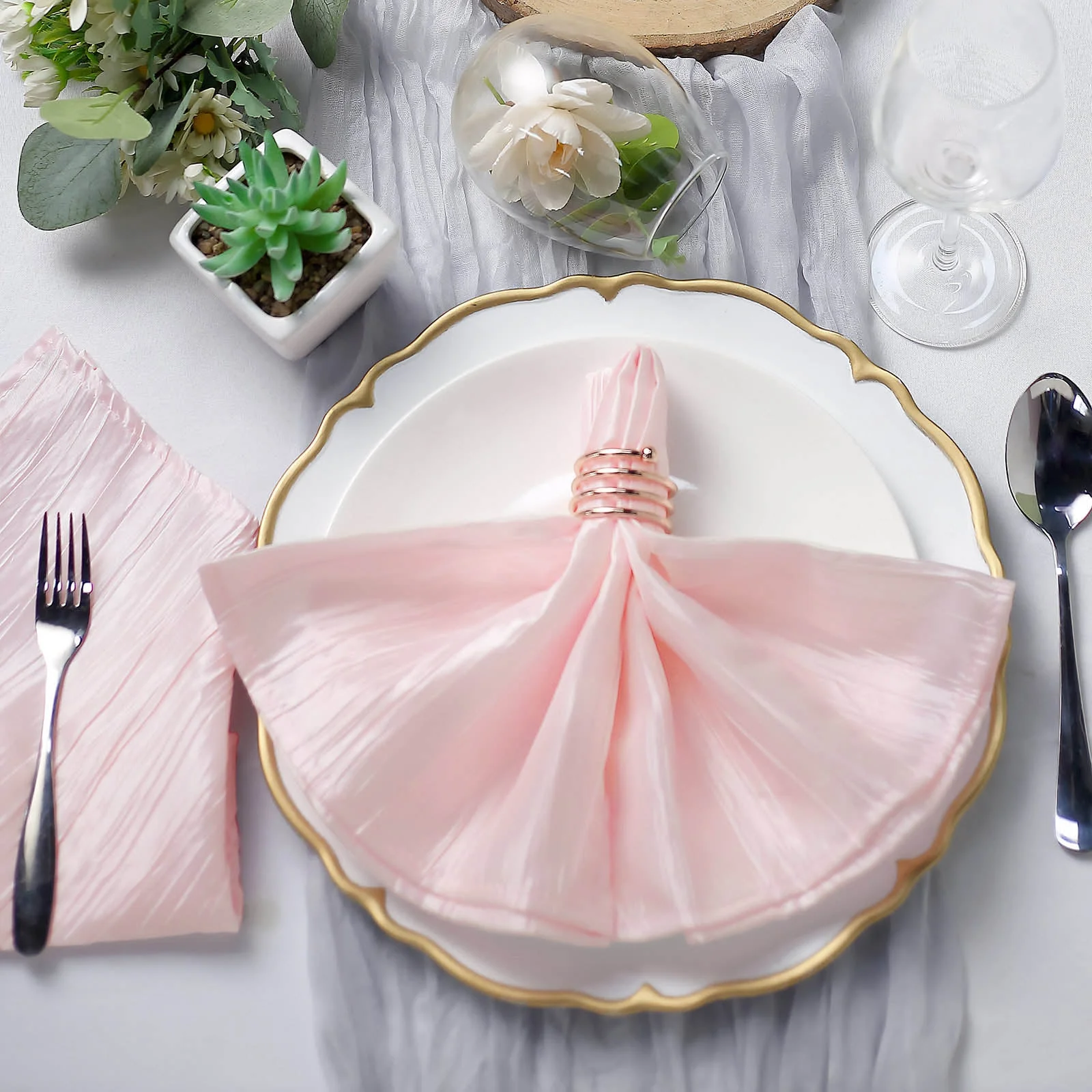 5 Pack Taffeta Napkins 20"x20" Blush - Accordion Crinkle Cloth Napkins