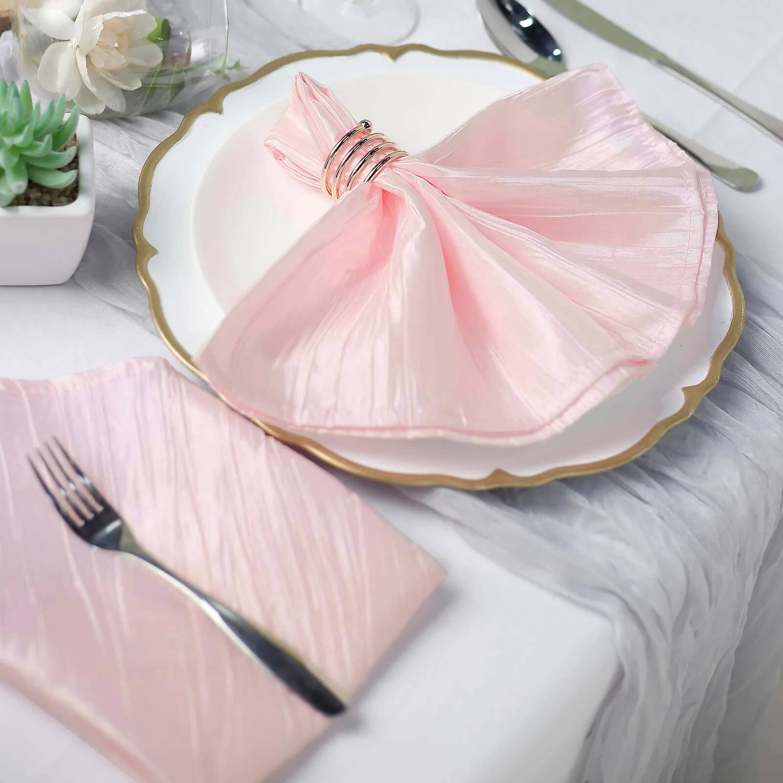 5 Pack Taffeta Napkins 20"x20" Blush - Accordion Crinkle Cloth Napkins - Image 5