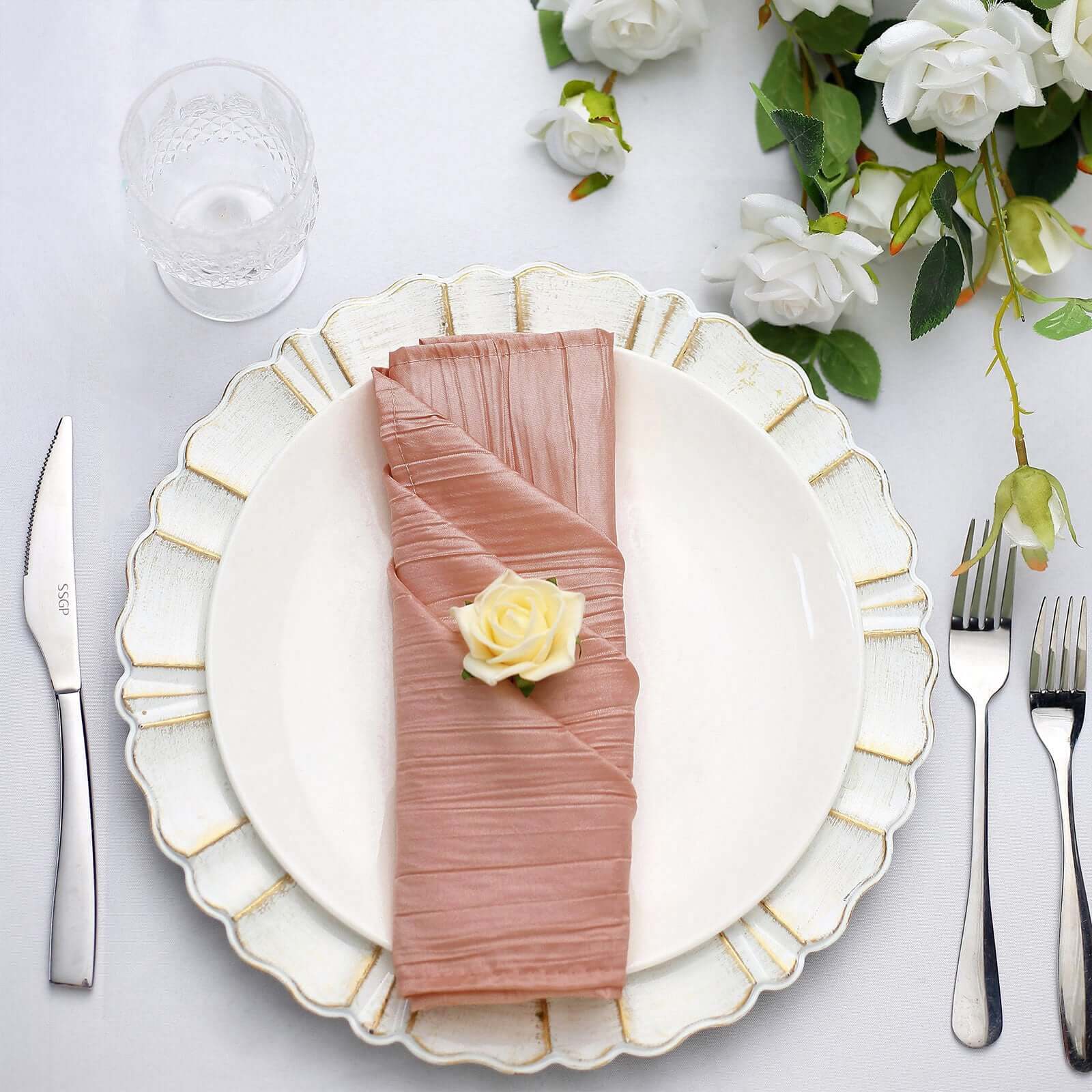5 Pack Taffeta Napkins 20"x20" Dusty Rose - Accordion Crinkle Cloth Napkins