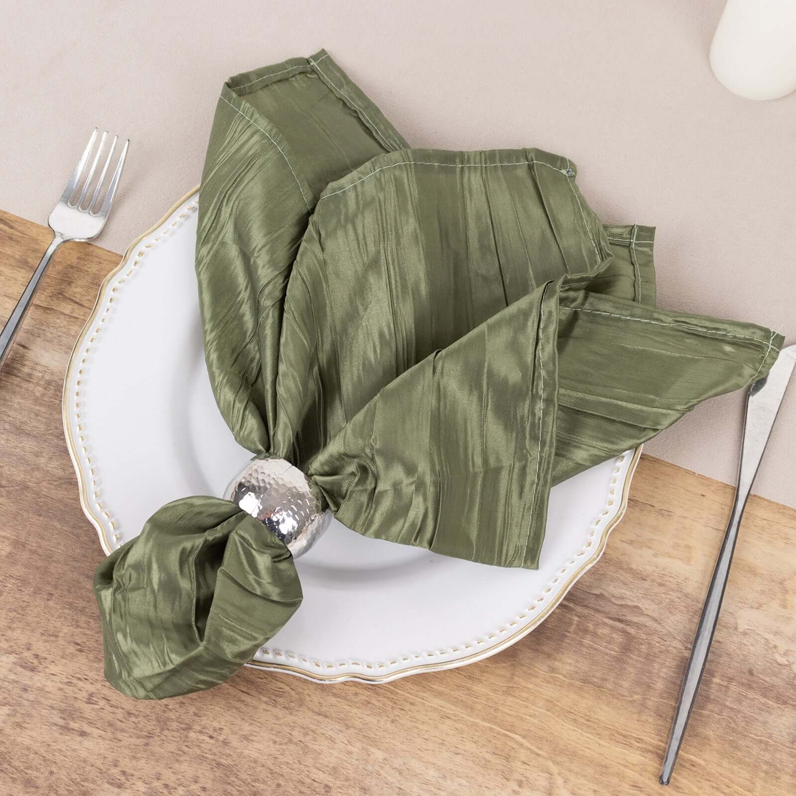 5 Pack Taffeta Napkins 20"x20" Dusty Sage Green - Accordion Crinkle Cloth Napkins - Image 3