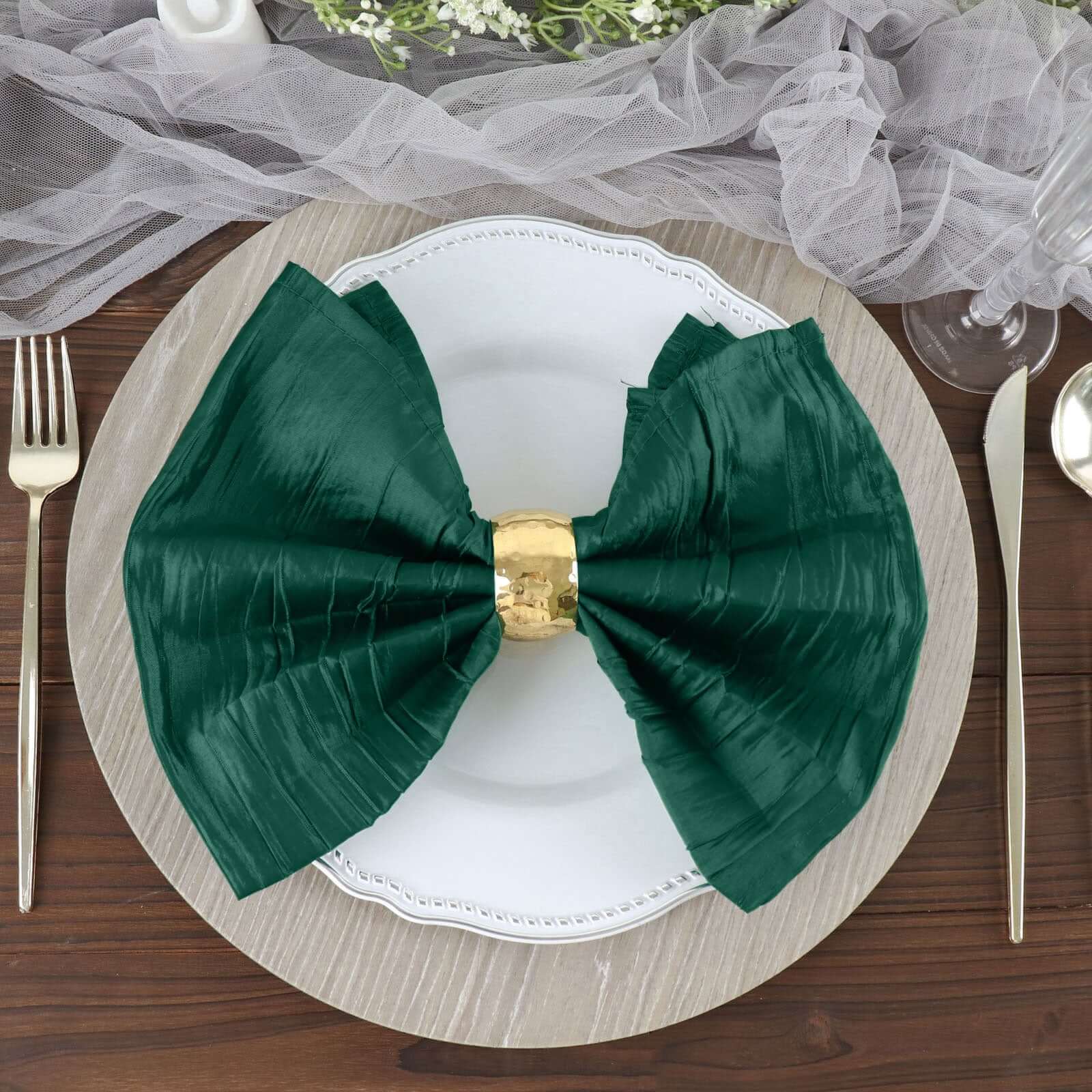 5 Pack Taffeta Napkins 20"x20" Hunter Emerald Green - Accordion Crinkle Cloth Napkins - Image 2