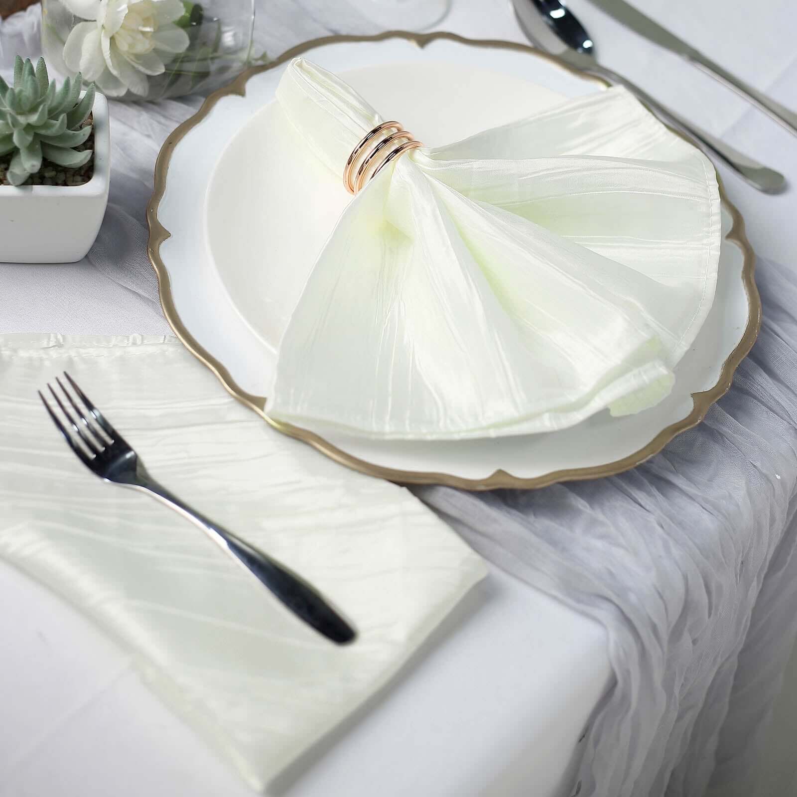 5 Pack Taffeta Napkins 20"x20" Ivory - Accordion Crinkle Cloth Napkins