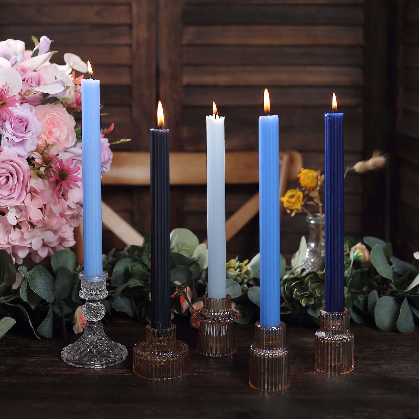 5-Pack Taper Candles 9" Ribbed Wick Ribbon Wax Design Assorted Blue - Premium Unscented Dinner Candles - Image 2