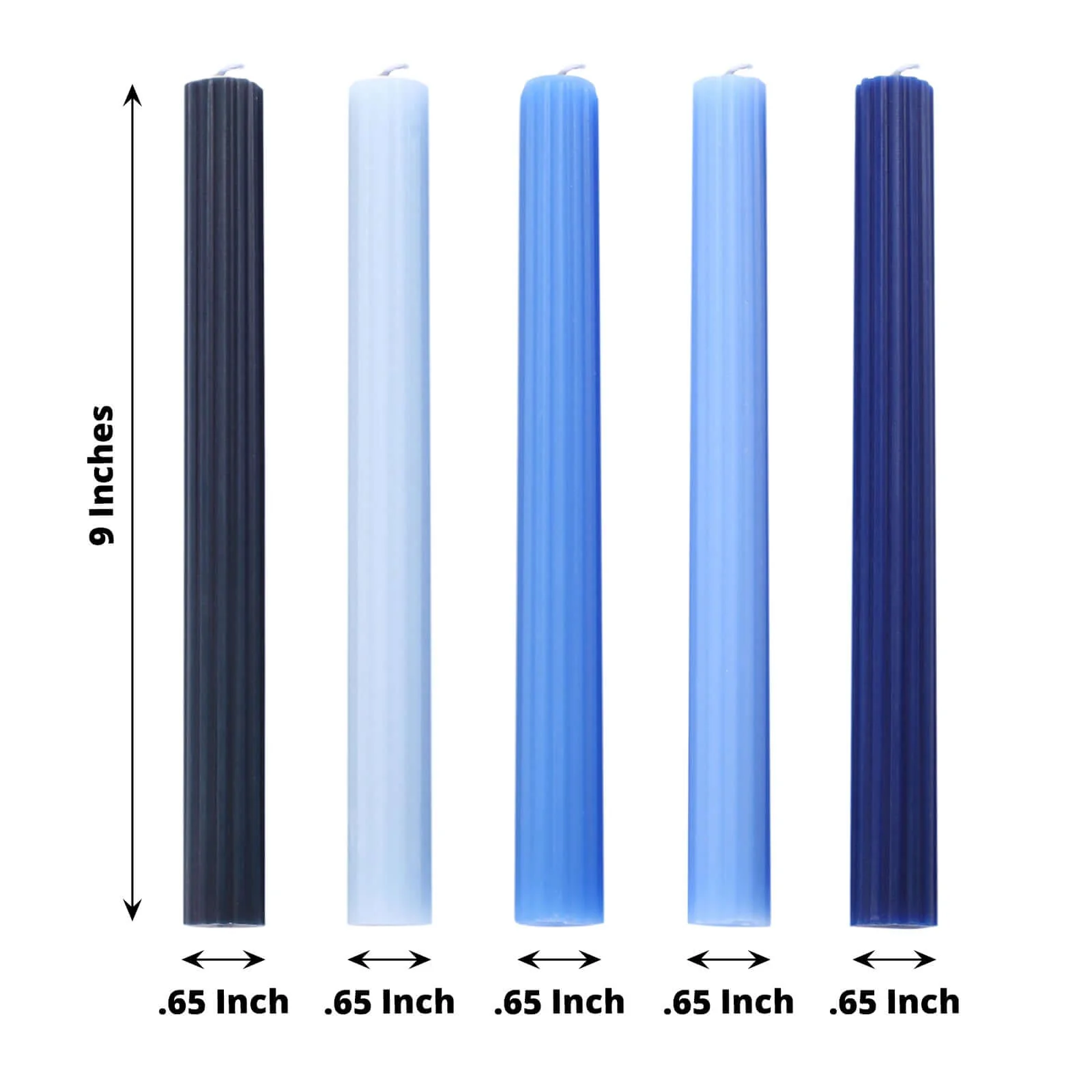 5-Pack Taper Candles 9" Ribbed Wick Ribbon Wax Design Assorted Blue - Premium Unscented Dinner Candles - Image 3