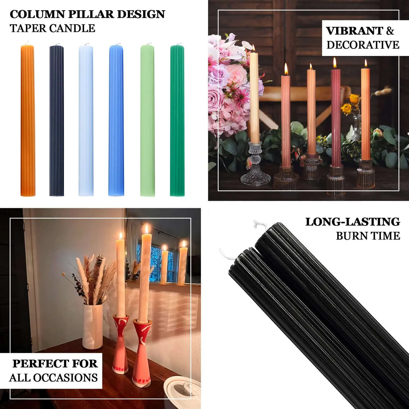5-Pack Taper Candles 9" Ribbed Wick Ribbon Wax Design Assorted Blue - Premium Unscented Dinner Candles - Image 4