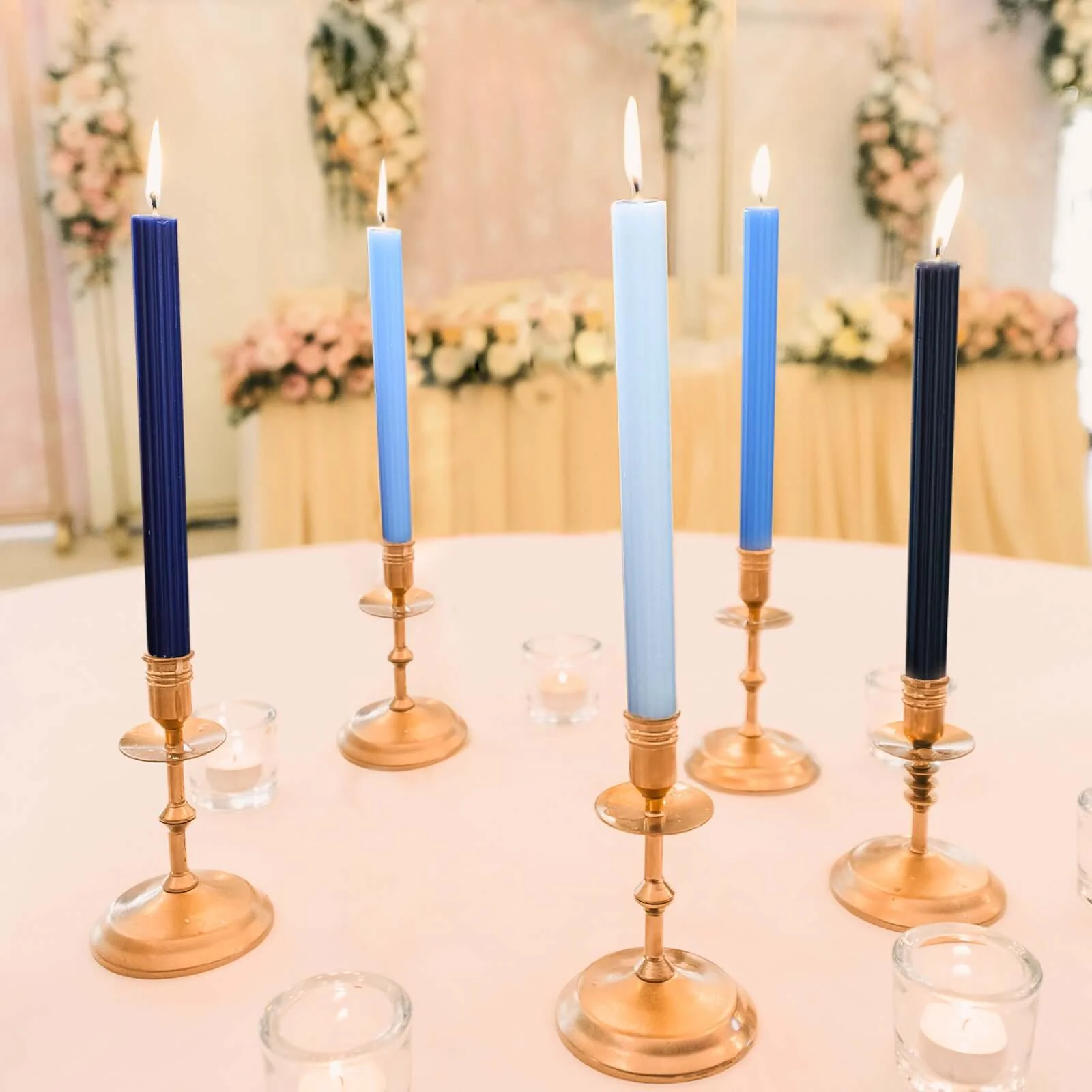 5-Pack Taper Candles 9" Ribbed Wick Ribbon Wax Design Assorted Blue - Premium Unscented Dinner Candles - Image 8
