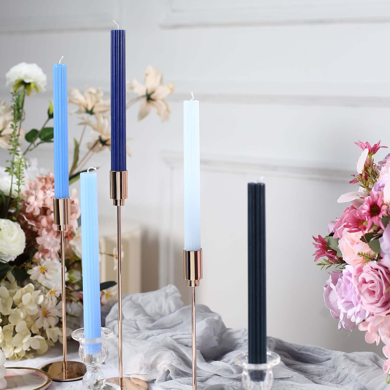 5-Pack Taper Candles 9" Ribbed Wick Ribbon Wax Design Assorted Blue - Premium Unscented Dinner Candles - Image 9