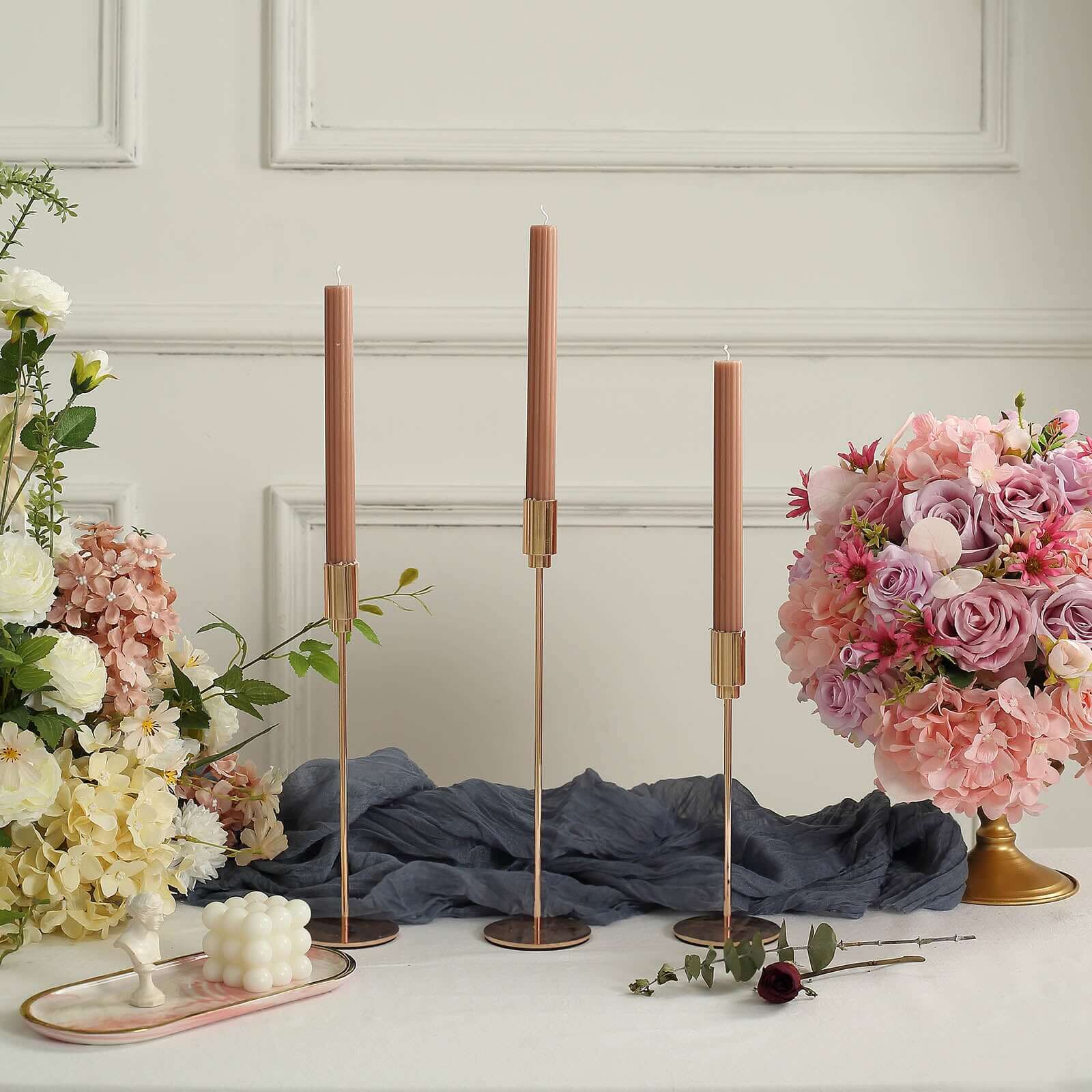 5-Pack Taper Candles 9" Ribbed Wick Ribbon Wax Design Beige - Premium Unscented Dinner Candles - Image 7