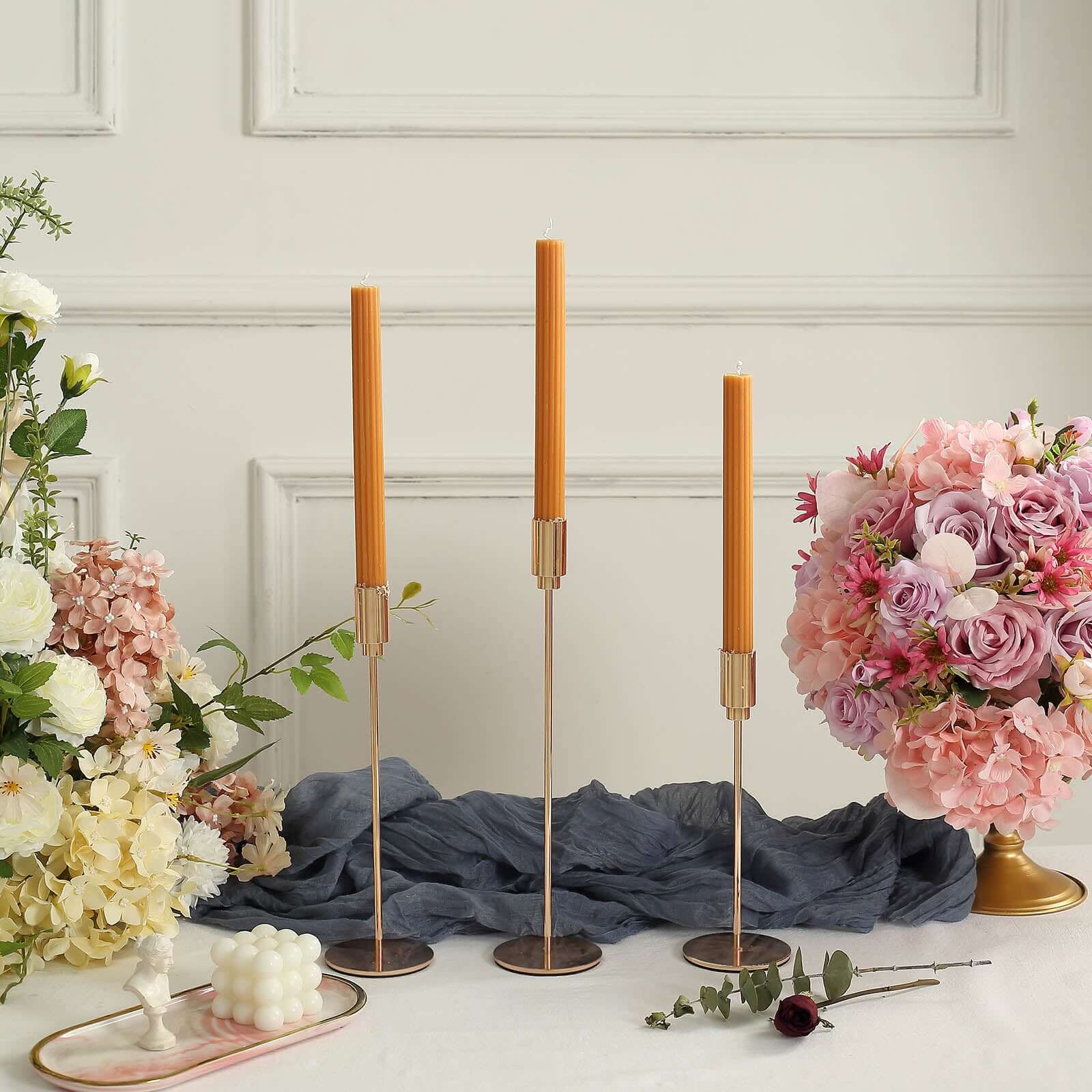 5-Pack Taper Candles 9" Ribbed Wick Ribbon Wax Design Gold - Premium Unscented Dinner Candles - Image 9