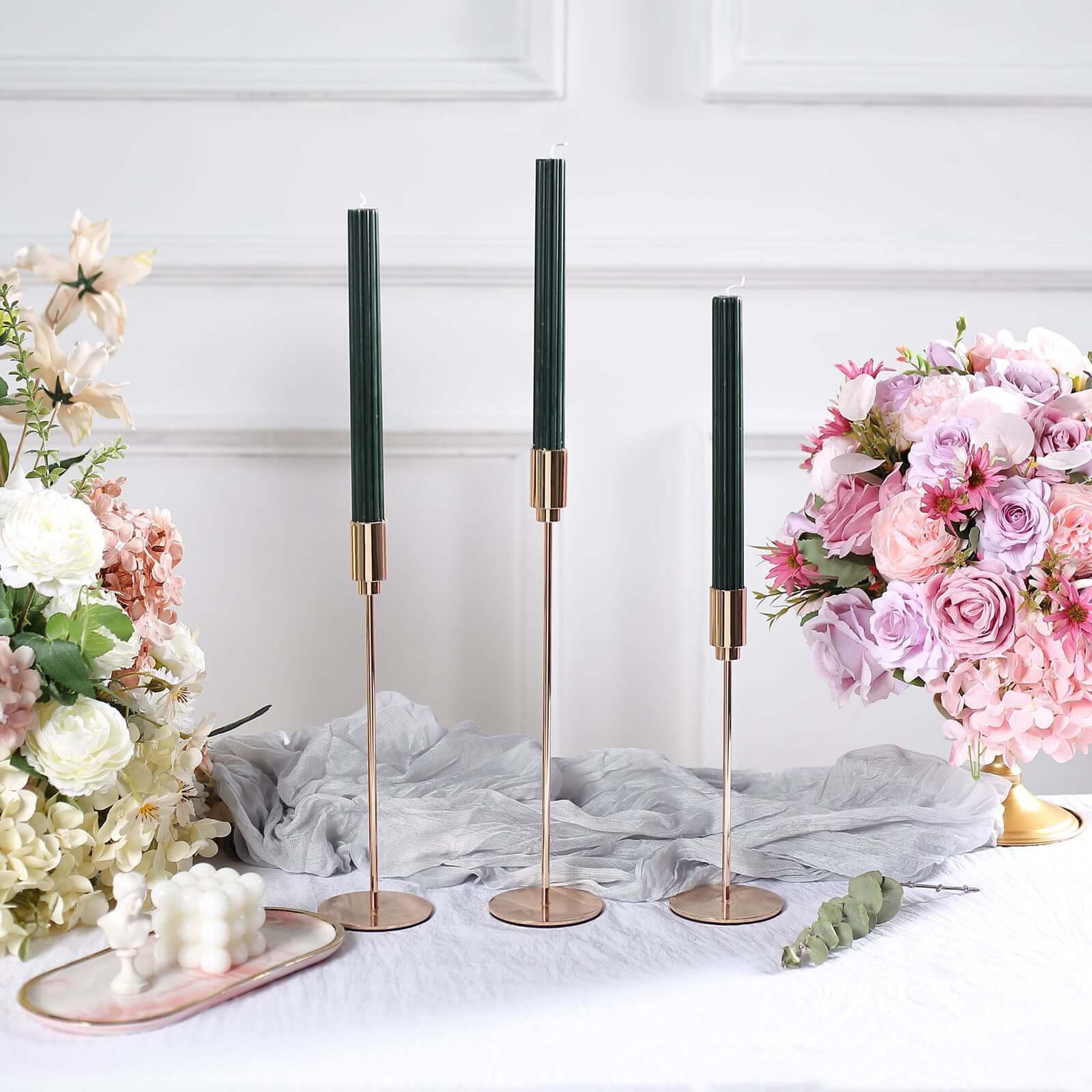 5-Pack Taper Candles 9" Ribbed Wick Ribbon Wax Design Hunter Emerald Green - Premium Unscented Dinner Candles