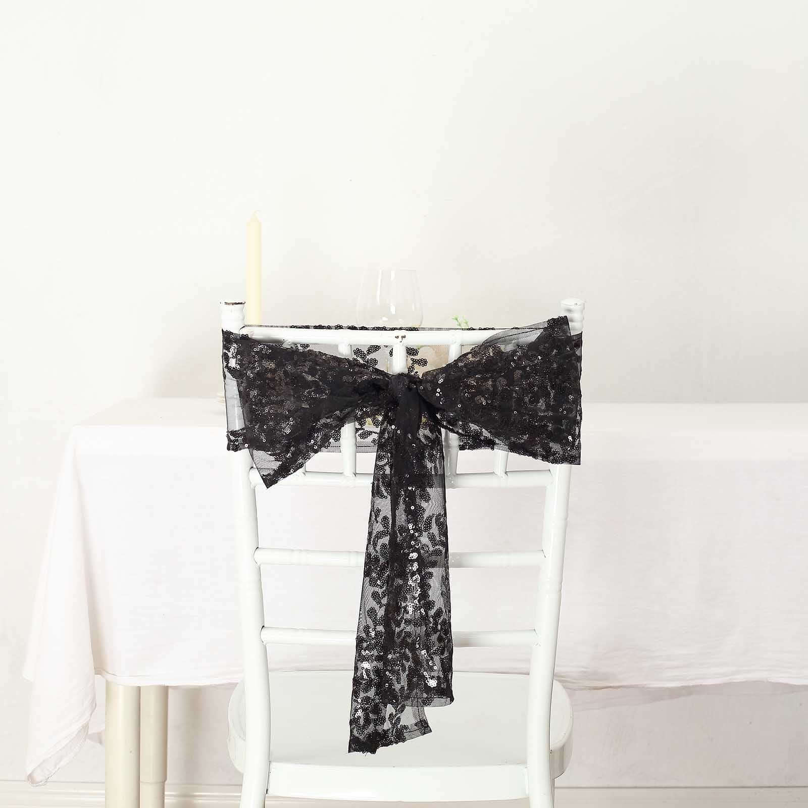 5 Pack Tulle Chair Sashes Black Leaf Vine Embroidered Sequin 6"x88" - Sophisticated Decorative Design - Image 5